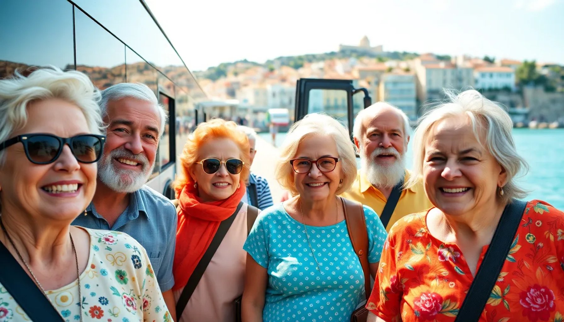 Grupo de jubilados del Imserso disfrutando de un viaje al sol de Canarias, con vistas al mar y sonrisas