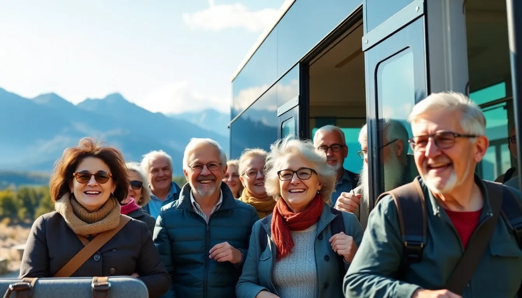 Grupo de jubilados disfrutando de un viaje organizado por el Imserso en un autobús panorámico
