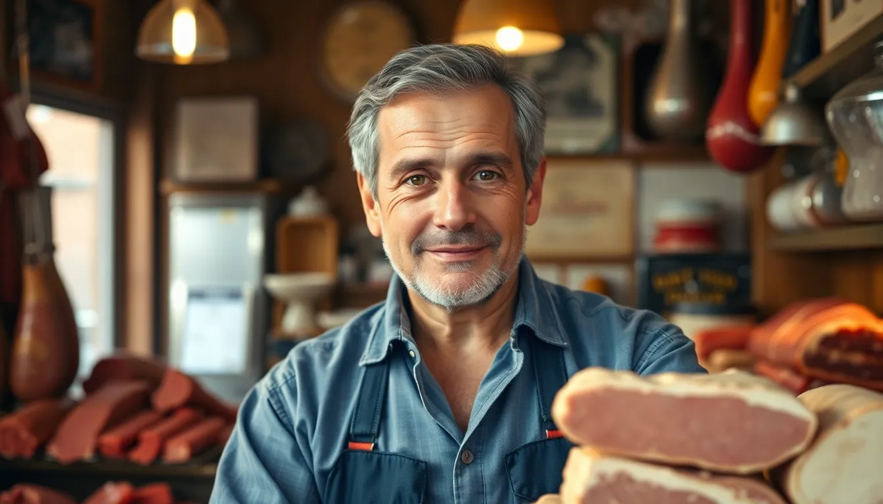 Iñaki Gabilondo sonriendo frente a un mostrador de carnicería tradicional