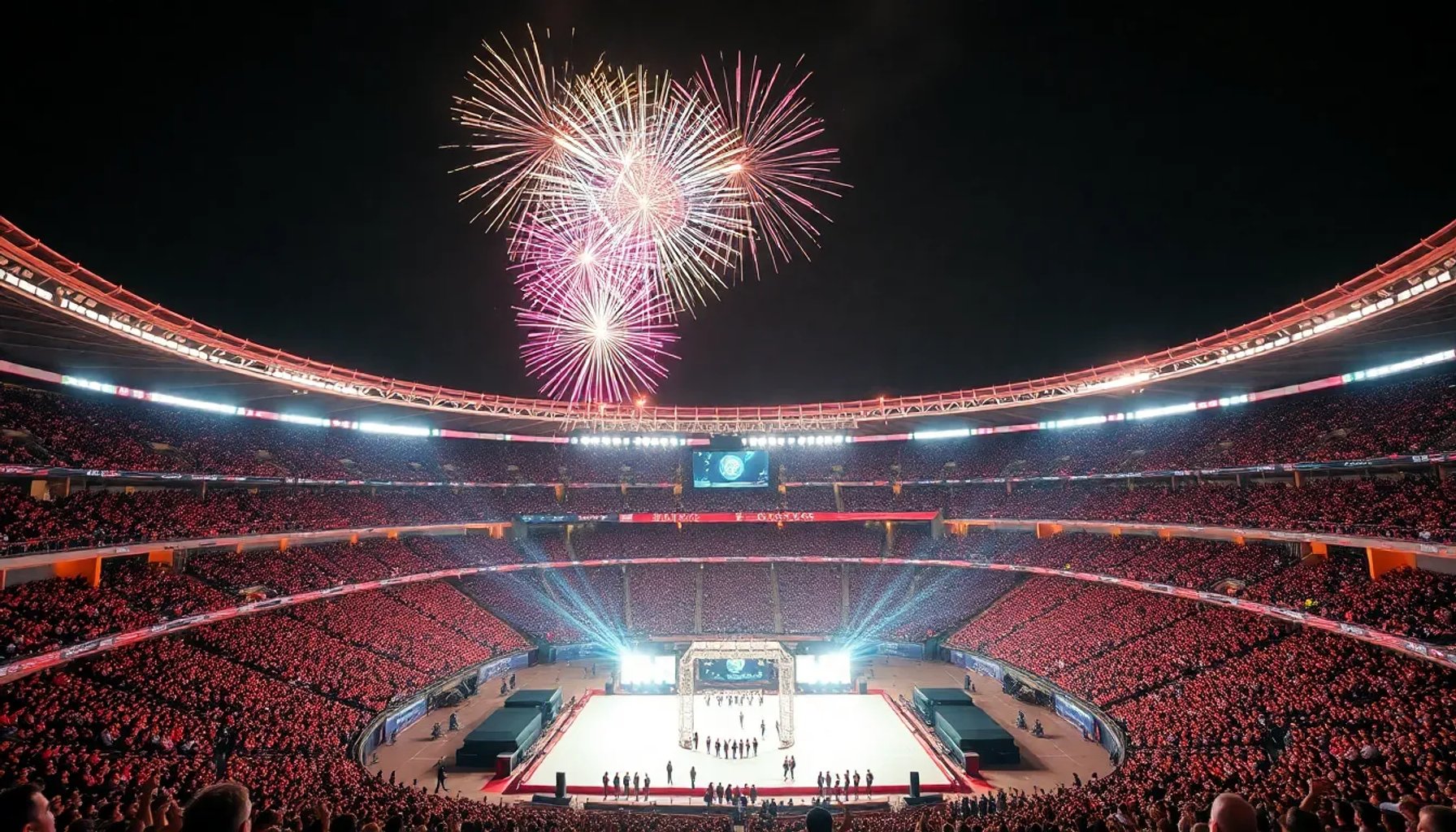 Vista nocturna del Estadio Azteca iluminado con fuegos artificiales y multitudes celebrando la apertura del Mundial 2026