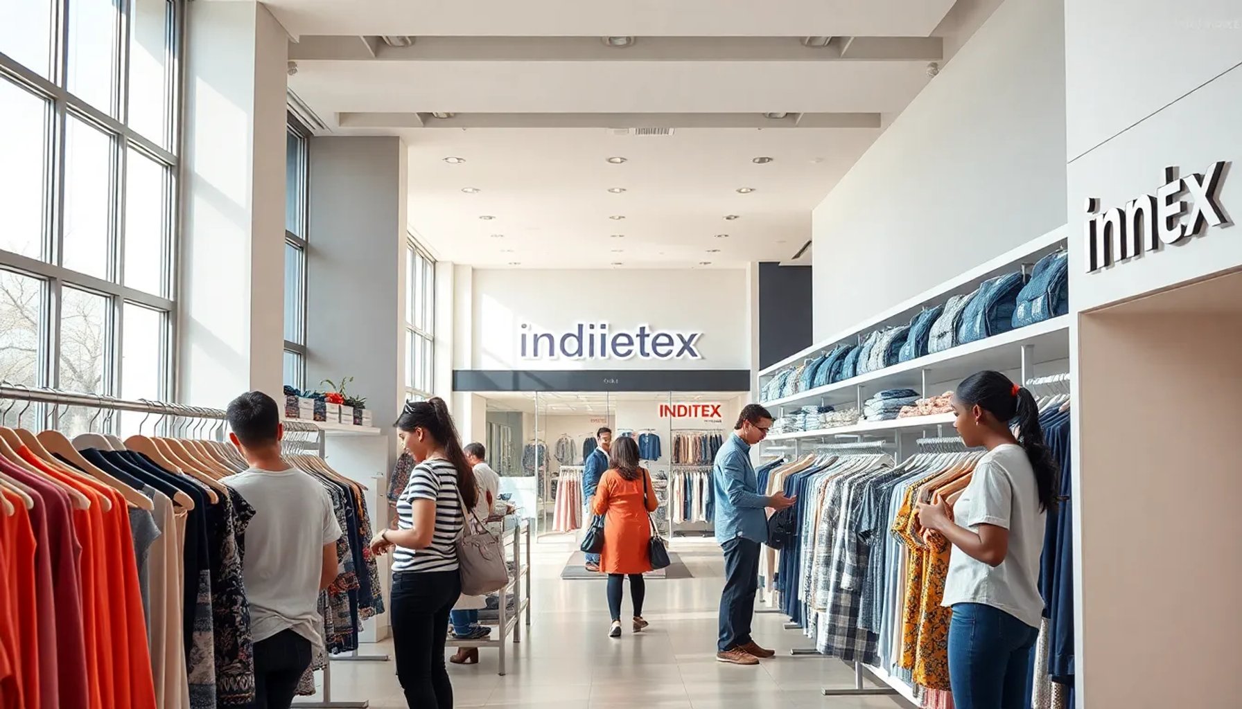 Trabajadores de una tienda de Inditex atendiendo a clientes en un entorno moderno y luminoso