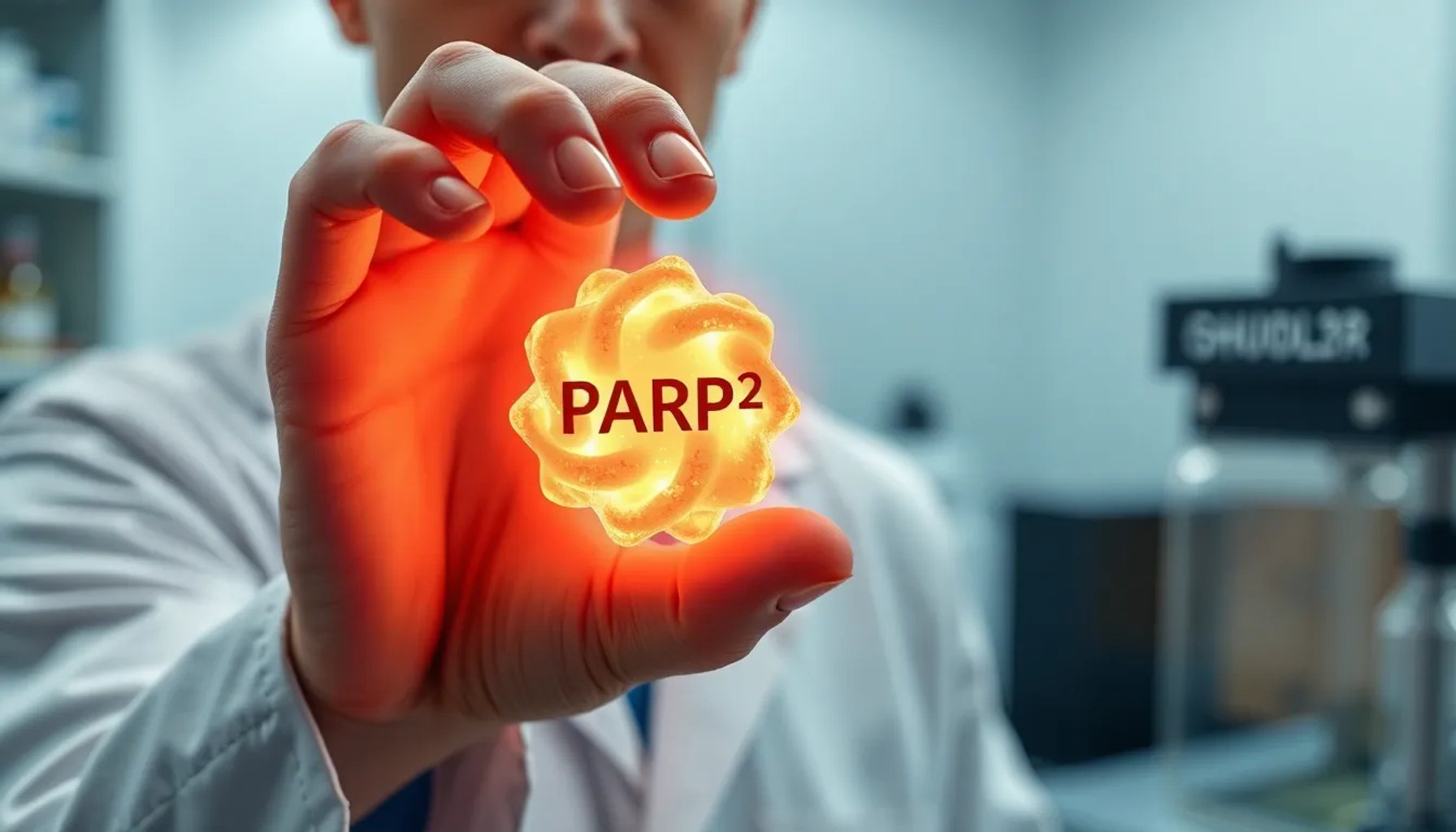 Imagen de laboratorio mostrando molécula inhibidora de PARP2 sobre tejido pancreático