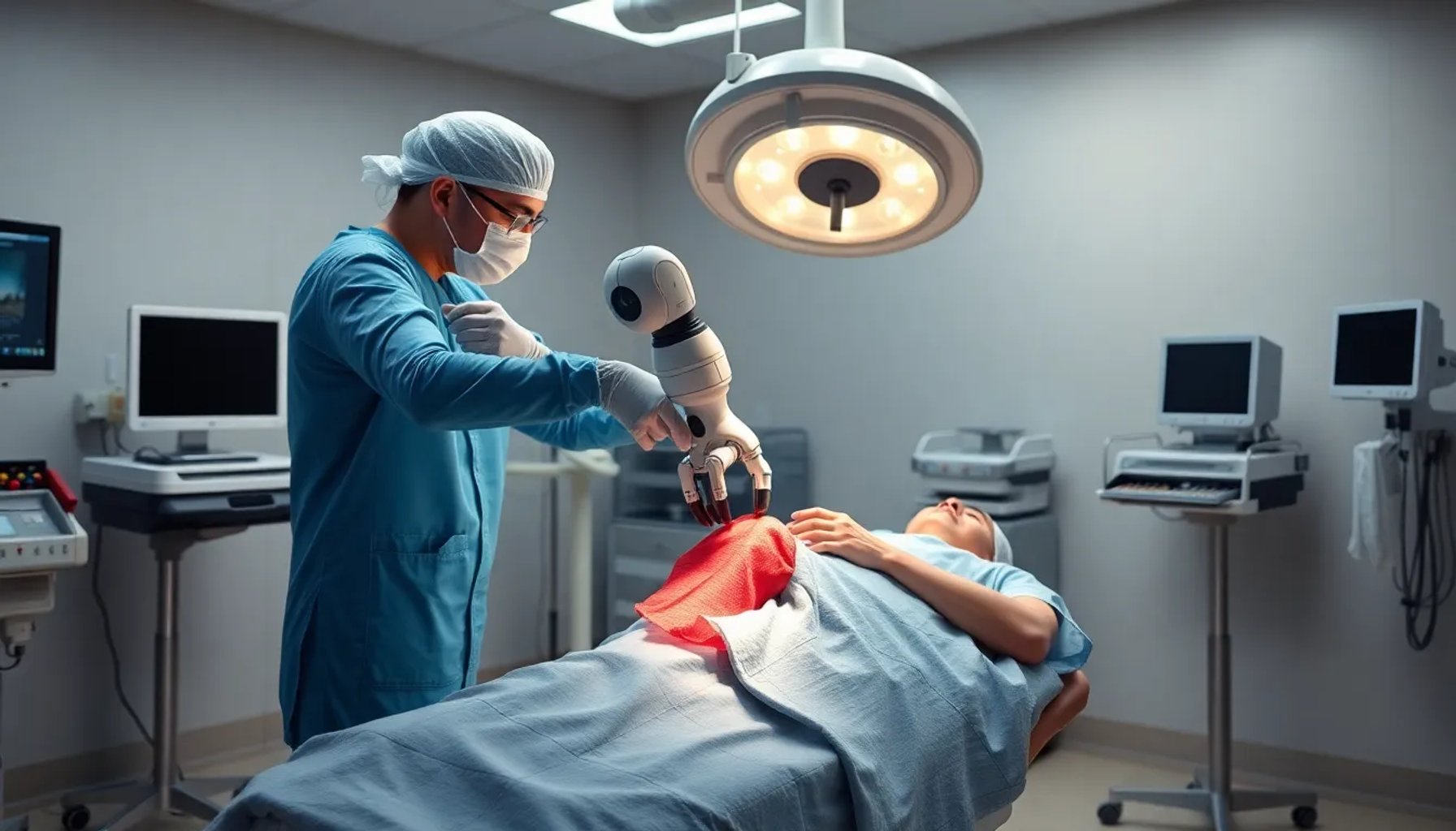 Médico operando la rodilla de un paciente con un robot quirúrgico de precisión
