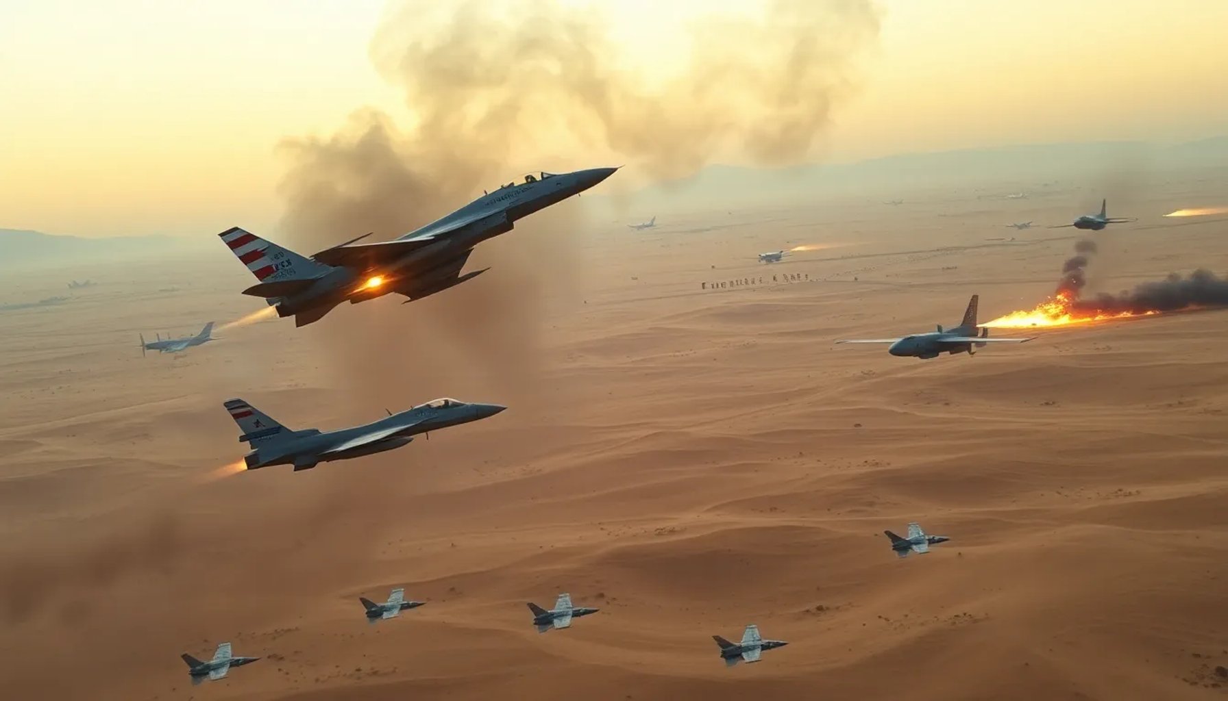 Silhouette of two opposing military jets over a desert landscape with explosions in the background