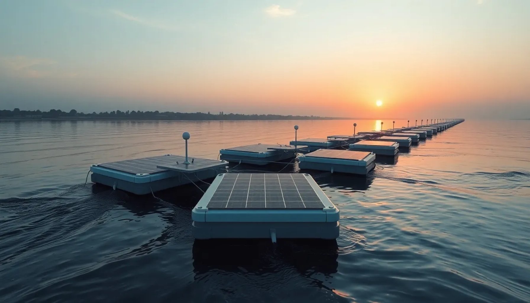 Barrera flotante anti‑narcolanchas instalada en el río Guadalquivir con paneles solares y sensores visibles