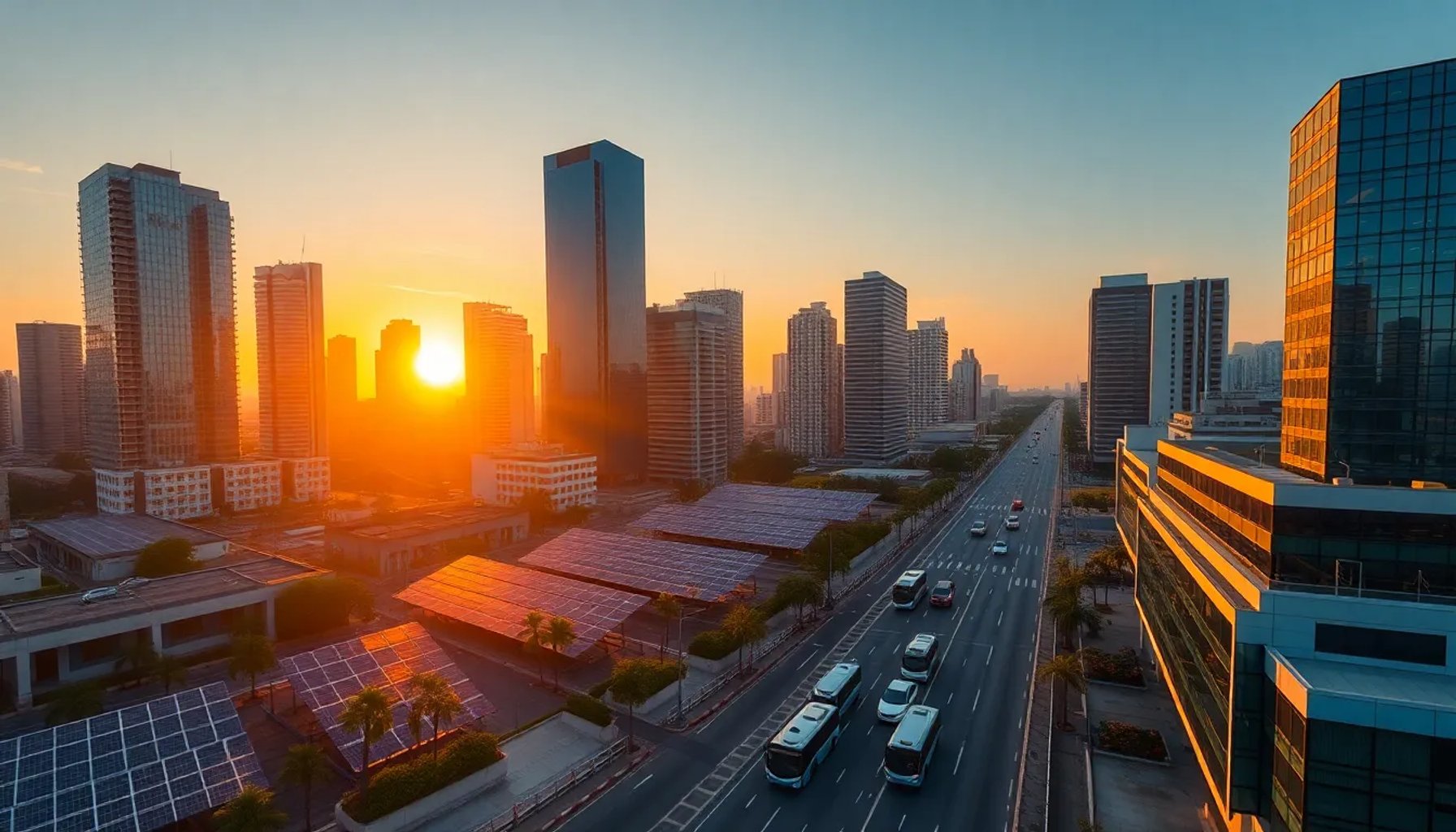 Vista panorámica de una ciudad venezolana con rascacielos, paneles solares y autobuses eléctricos en movimiento