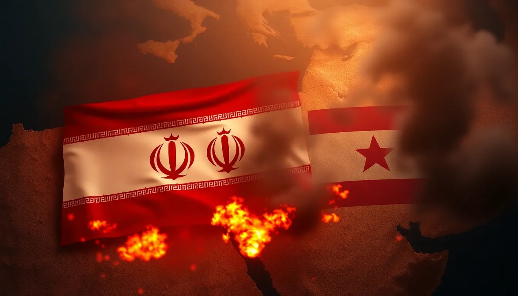 Bandera iraní y estadounidense superpuestas sobre un mapa del Oriente Medio con explosiones que simbolizan la ofensiva israelí en Líbano