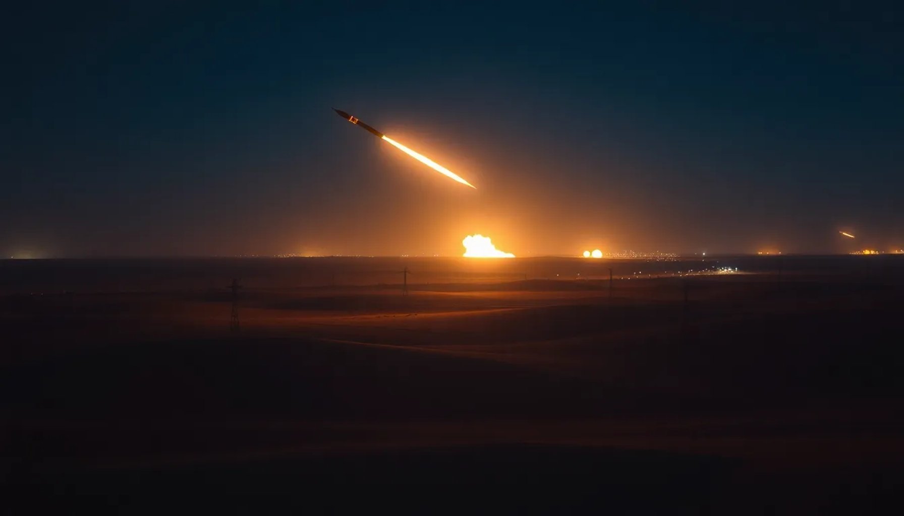 Misiles iraníes sobre el cielo nocturno, con la silueta de la frontera entre Irán e Israel iluminada por explosiones.