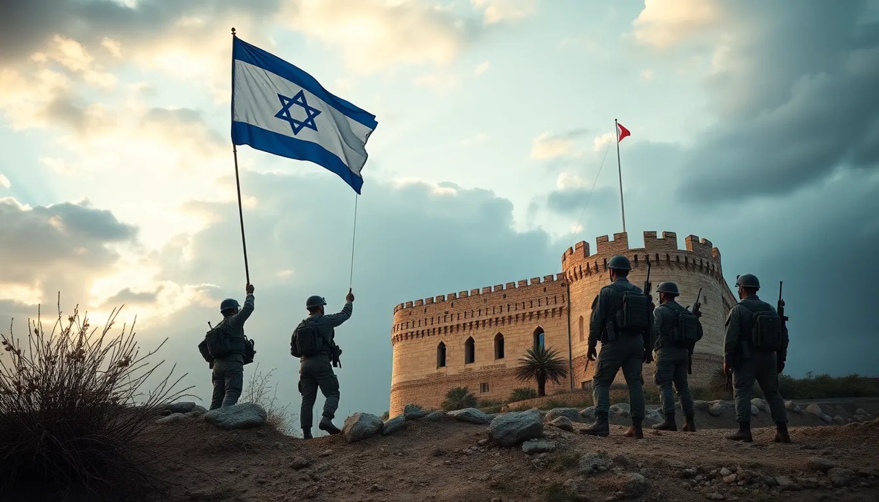 Soldados israelíes alzando la bandera sobre el castillo de Beaufort, una fortaleza medieval en la frontera libanesa