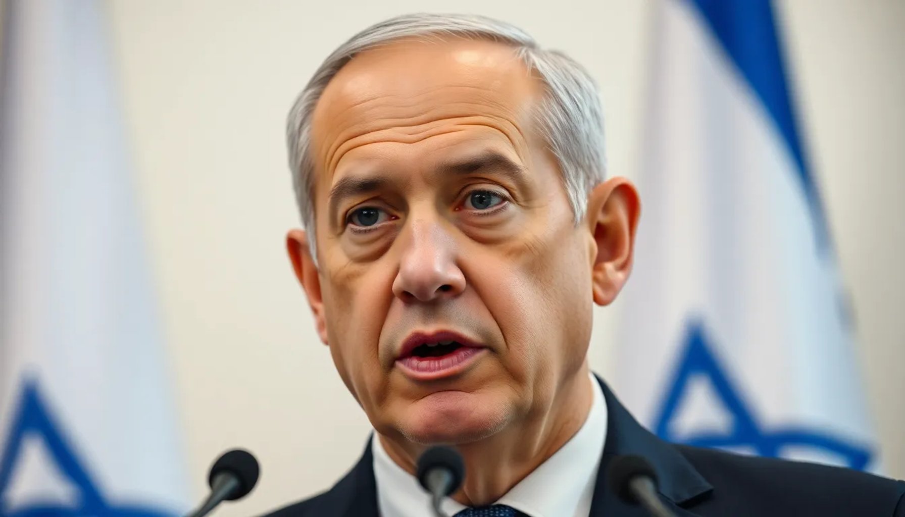 Primer ministro israelí hablando frente a cámaras, expresión seria, fondo con bandera de Israel