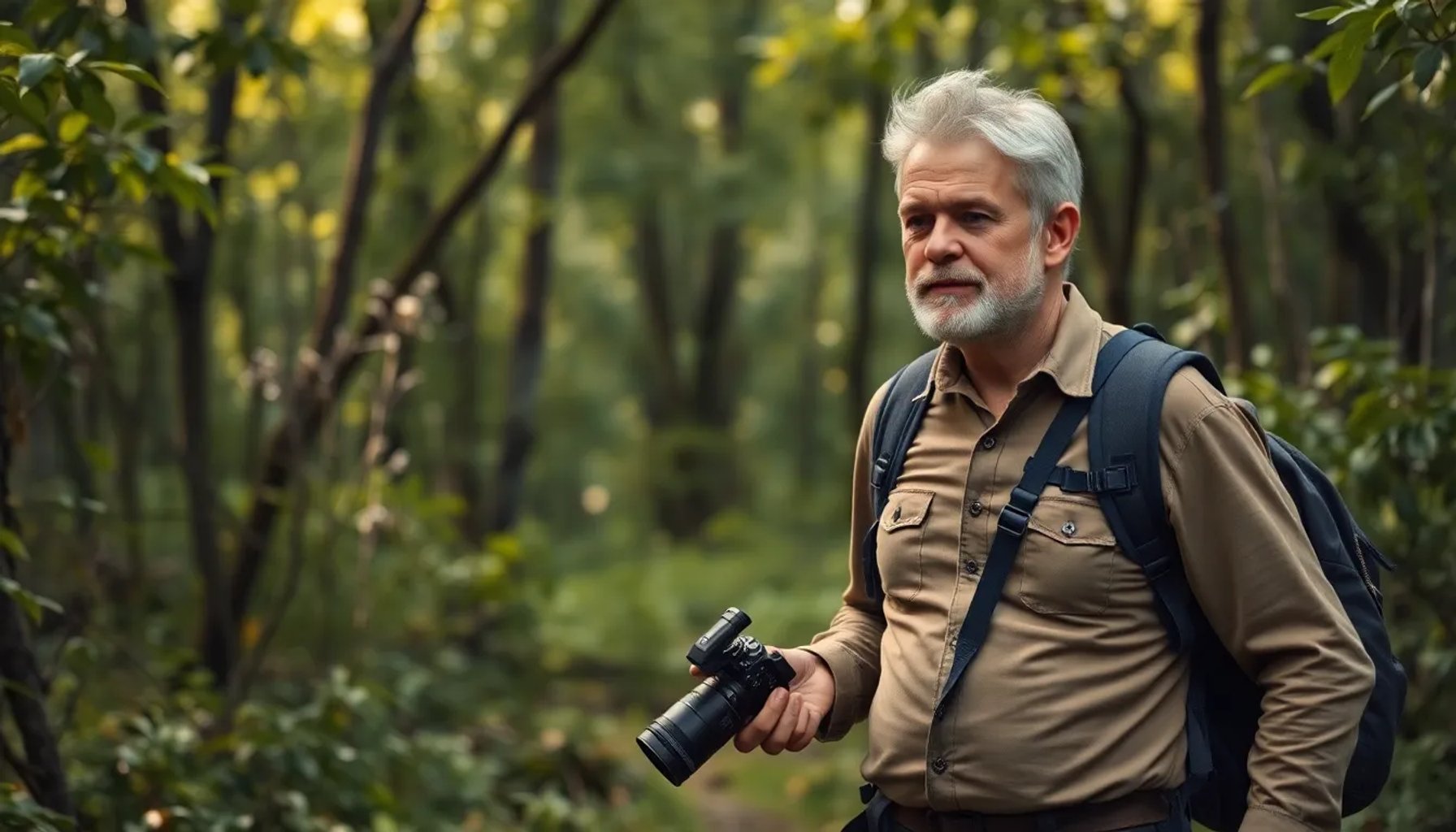 Jacob Petrus caminando entre árboles de un bosque protegido, con una mochila y una cámara al hombro