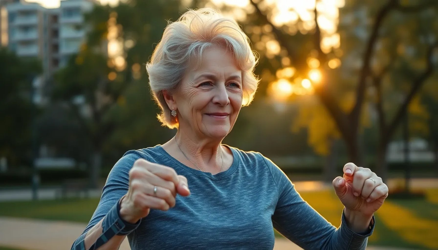 Jane Fonda haciendo ejercicios de fuerza al amanecer en un parque urbano