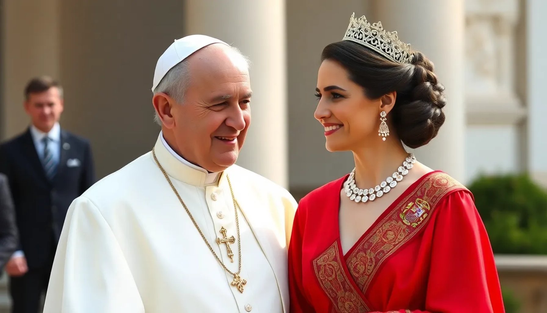 Imagen del Papa León XIV y la Reina Letizia compartiendo un momento cercano durante un acto público