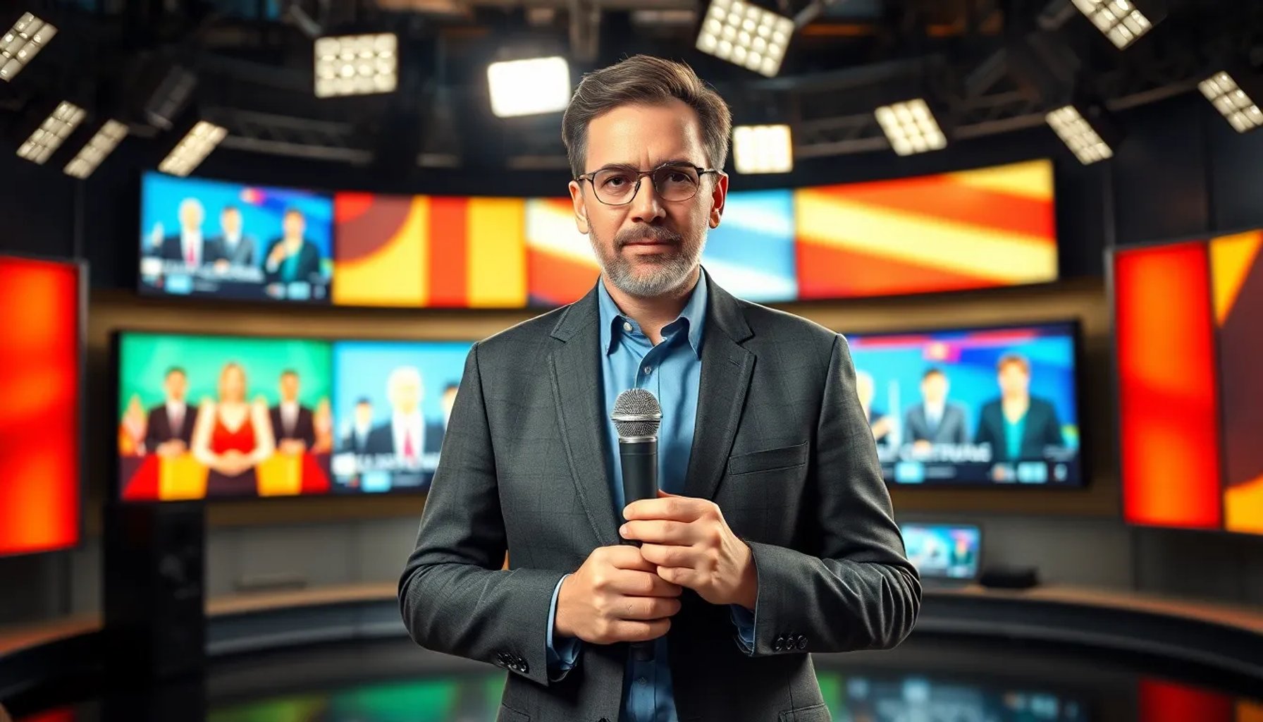 Jesús Cintora en el set de "Malas lenguas", con micrófono y pantallas de fondo