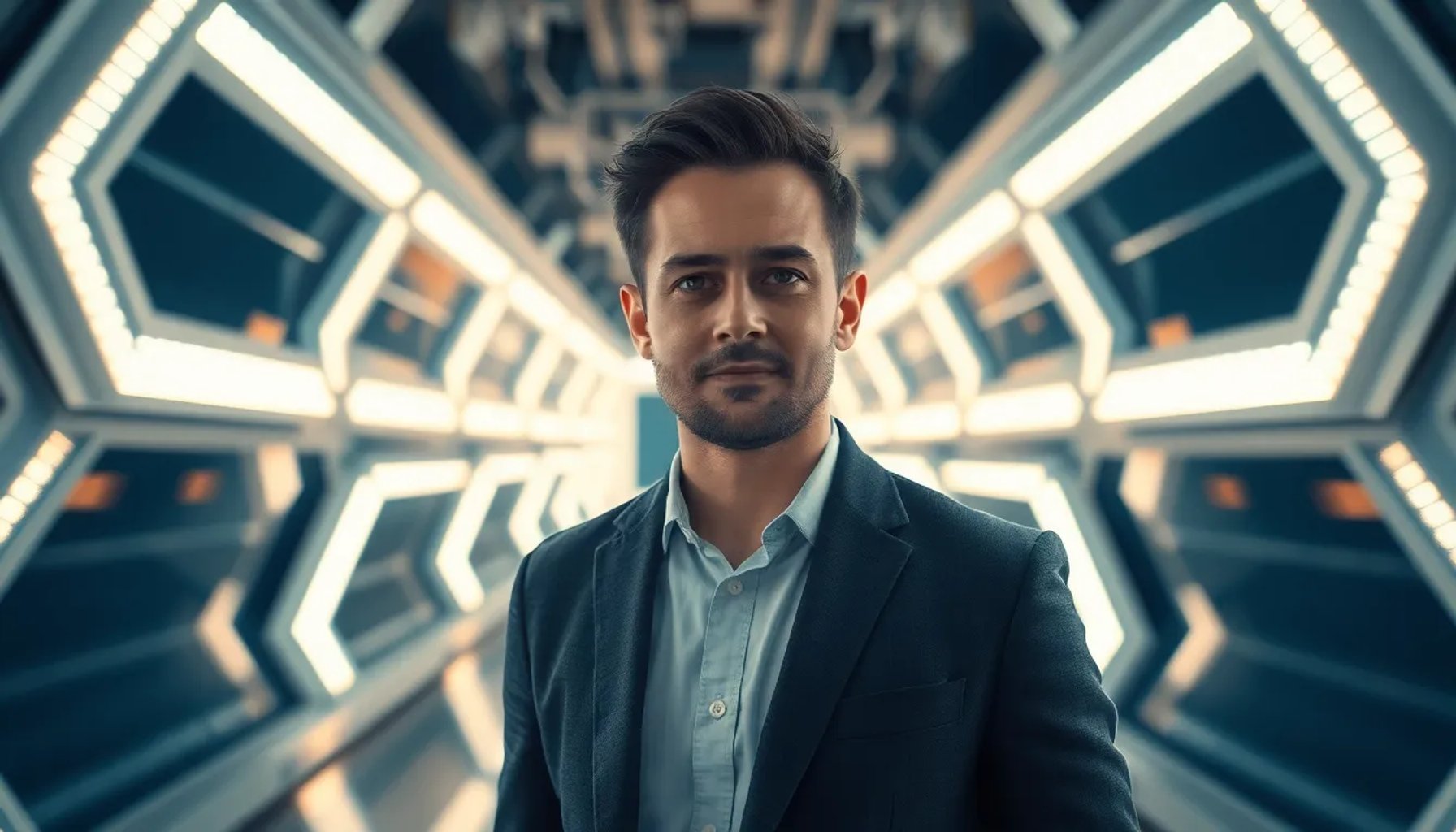 Jesús Vázquez presenta el concurso 'El túnel' en el set iluminado de RTVE, con luces y pasillos futuristas.