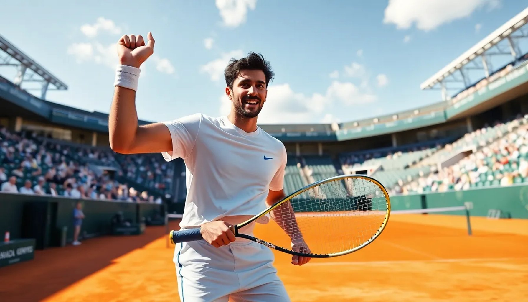 Rafa Jódar celebra su victoria en los octavos de final de Roland Garros 2026, mirando hacia la pista con determinación
