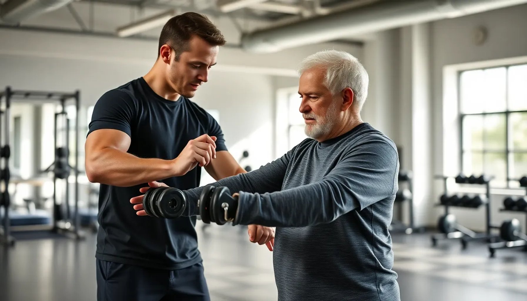 Joe Delaney, entrenador personal, orientando a un adulto mayor en ejercicios de fuerza y movilidad