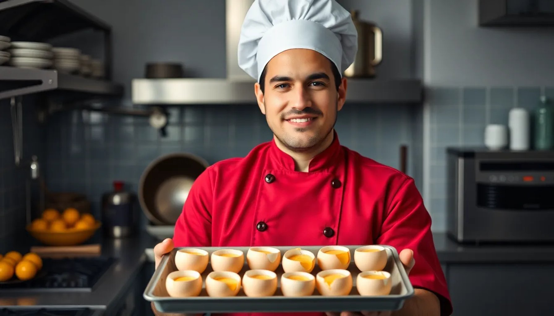 Jordi Cruz sosteniendo una bandeja de huevos duros perfectamente pelados