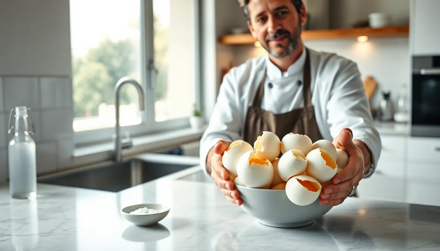 Chef Jordi Cruz mostrando huevos duros perfectamente pelados con su método de sal y vinagre