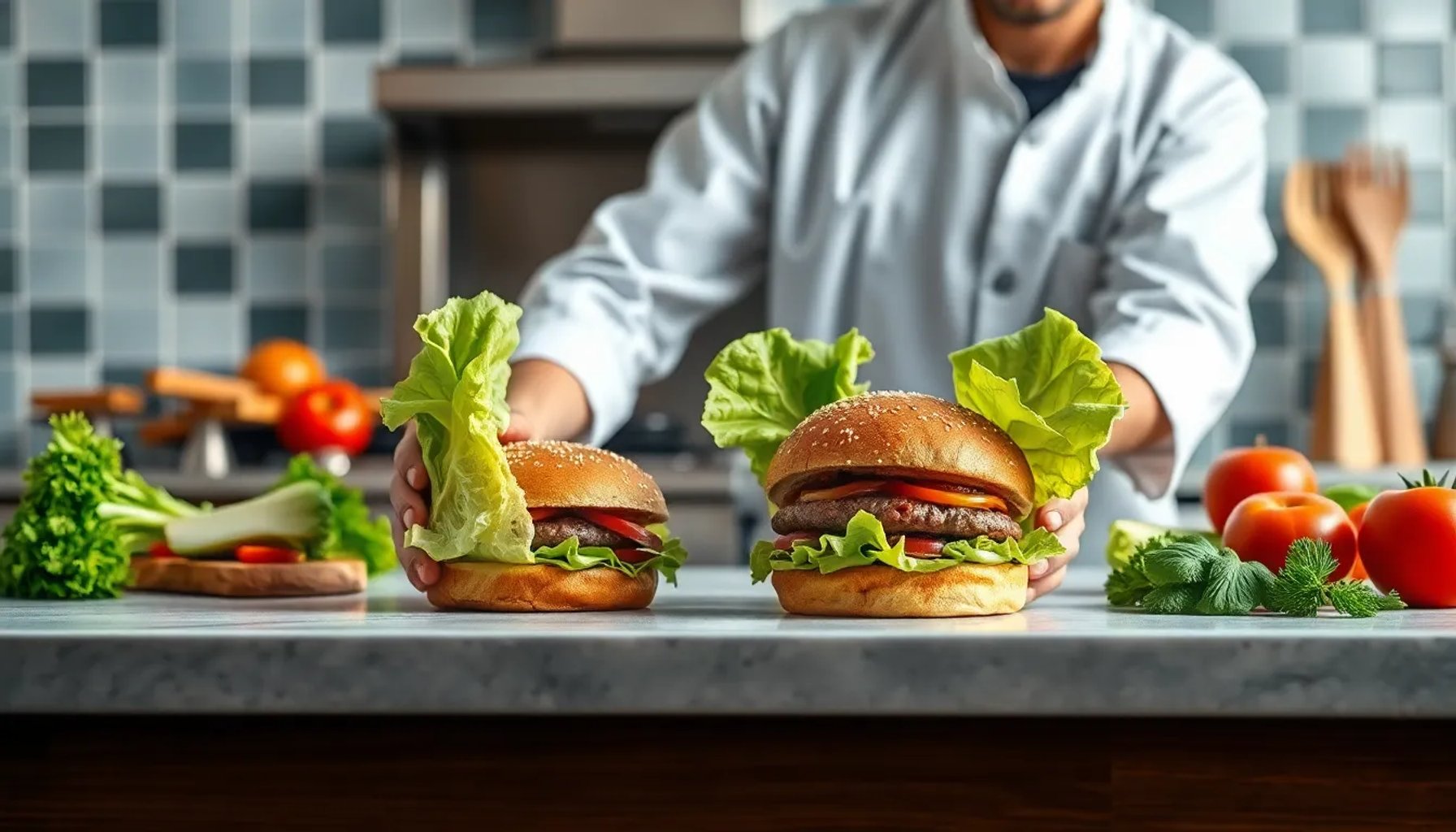 Chef Jordi Cruz muestra una hamburguesa envuelta en hojas de lechuga iceberg crujiente