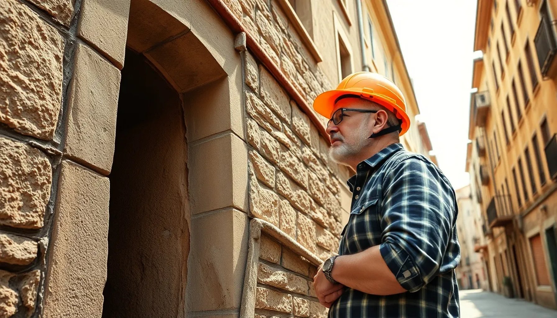 Arquitecto inspeccionando la fachada deteriorada de un edificio antiguo en una calle española