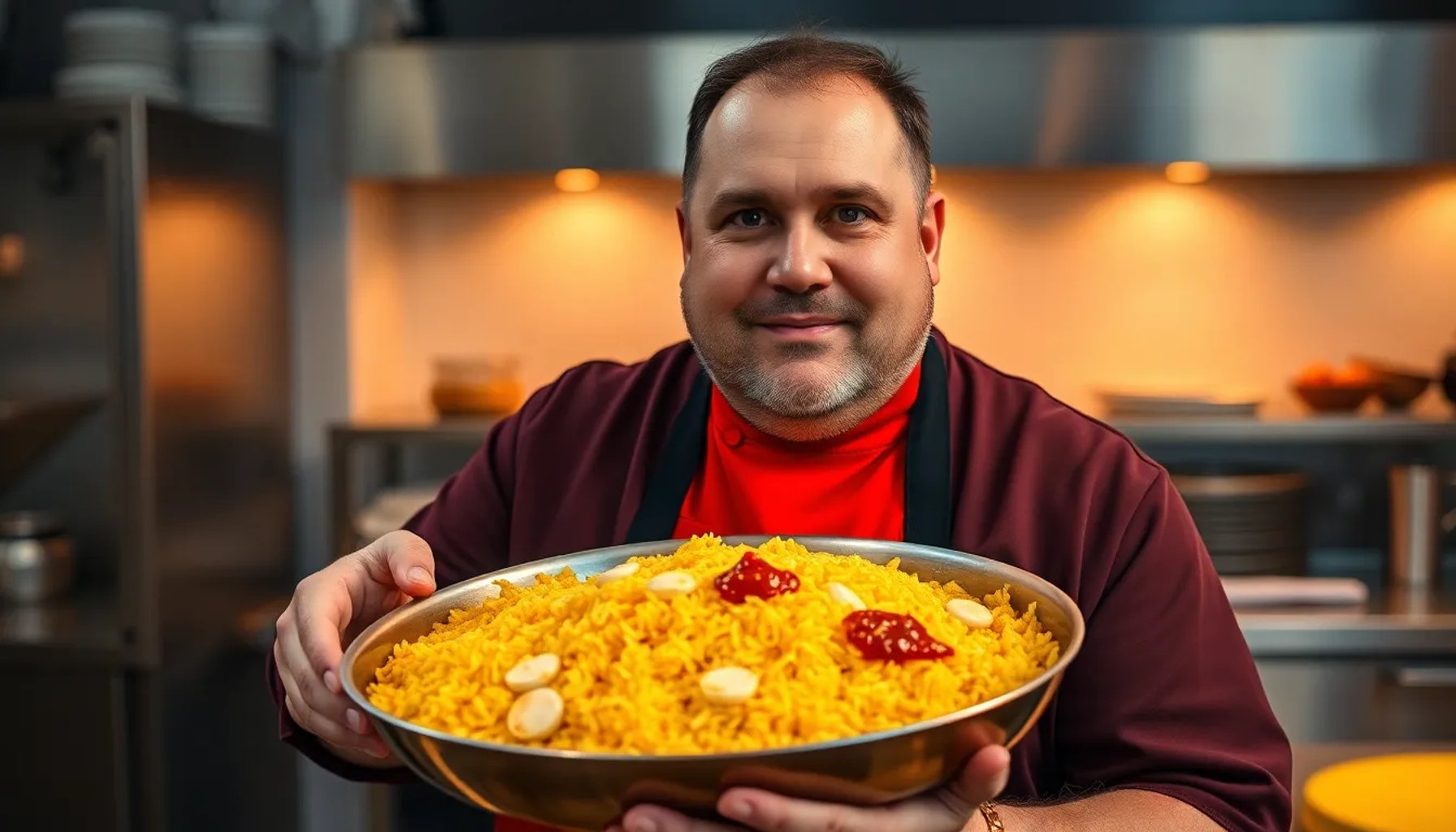 Chef José Andrés sosteniendo una sartén con arroz dorado y ajos