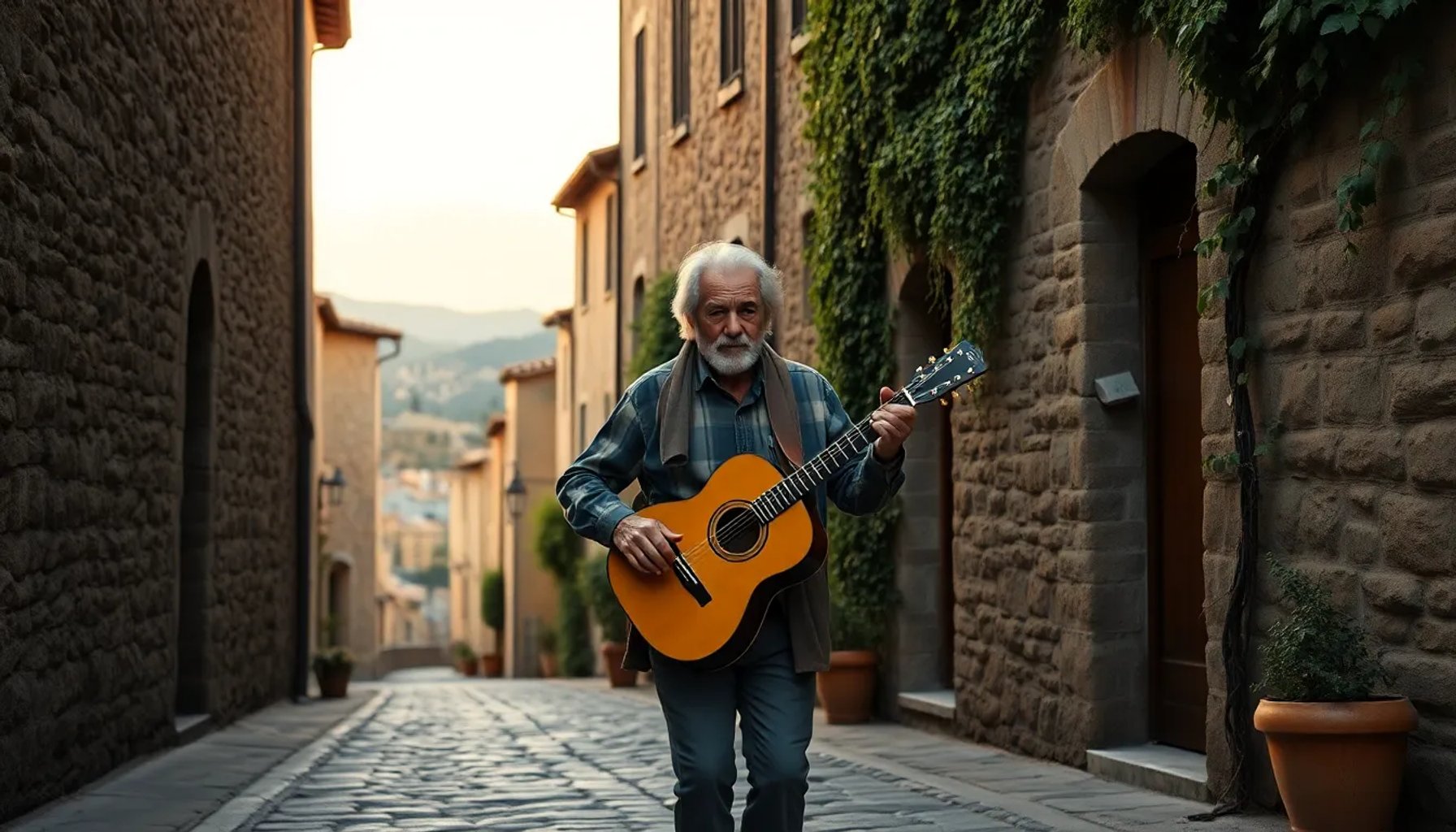 José Luis Perales caminando por una calle empedrada de un pueblo medieval rodeado de montañas