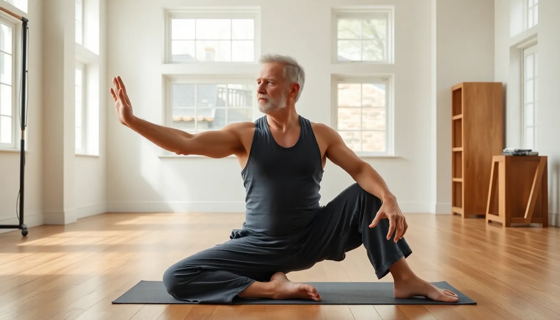 Joseph Pilates enseñando una serie de ejercicios de respiración y alineación postural en un estudio luminoso