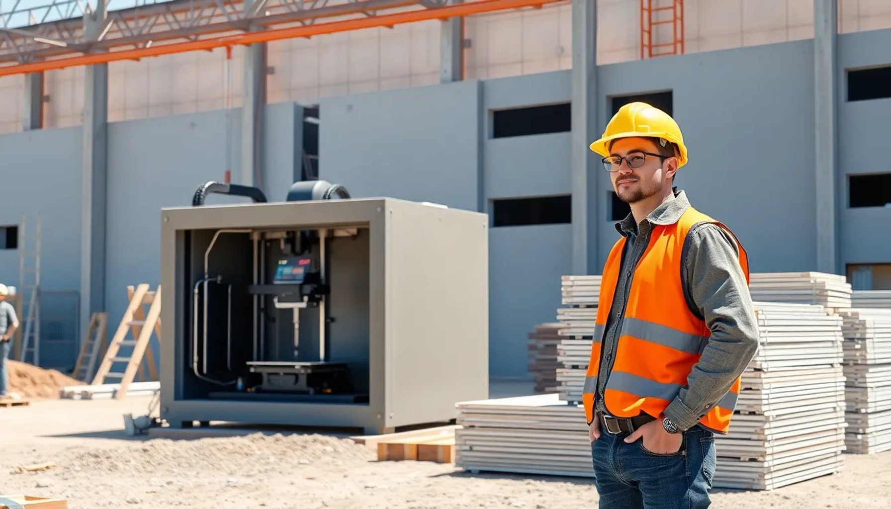 Joven emprendedor supervisa la impresión 3D de una casa de hormigón en un sitio de construcción