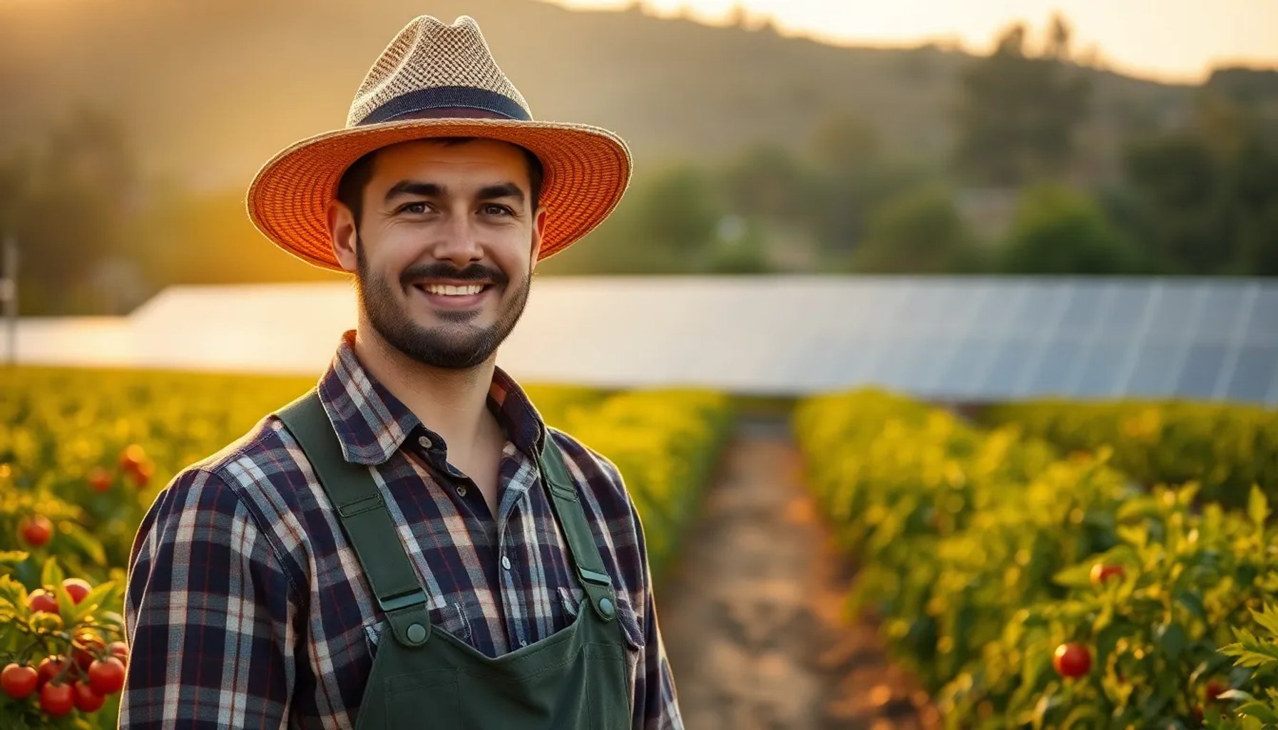 Juan trabajando en su finca al atardecer, rodeado de hileras de tomates y paneles solares