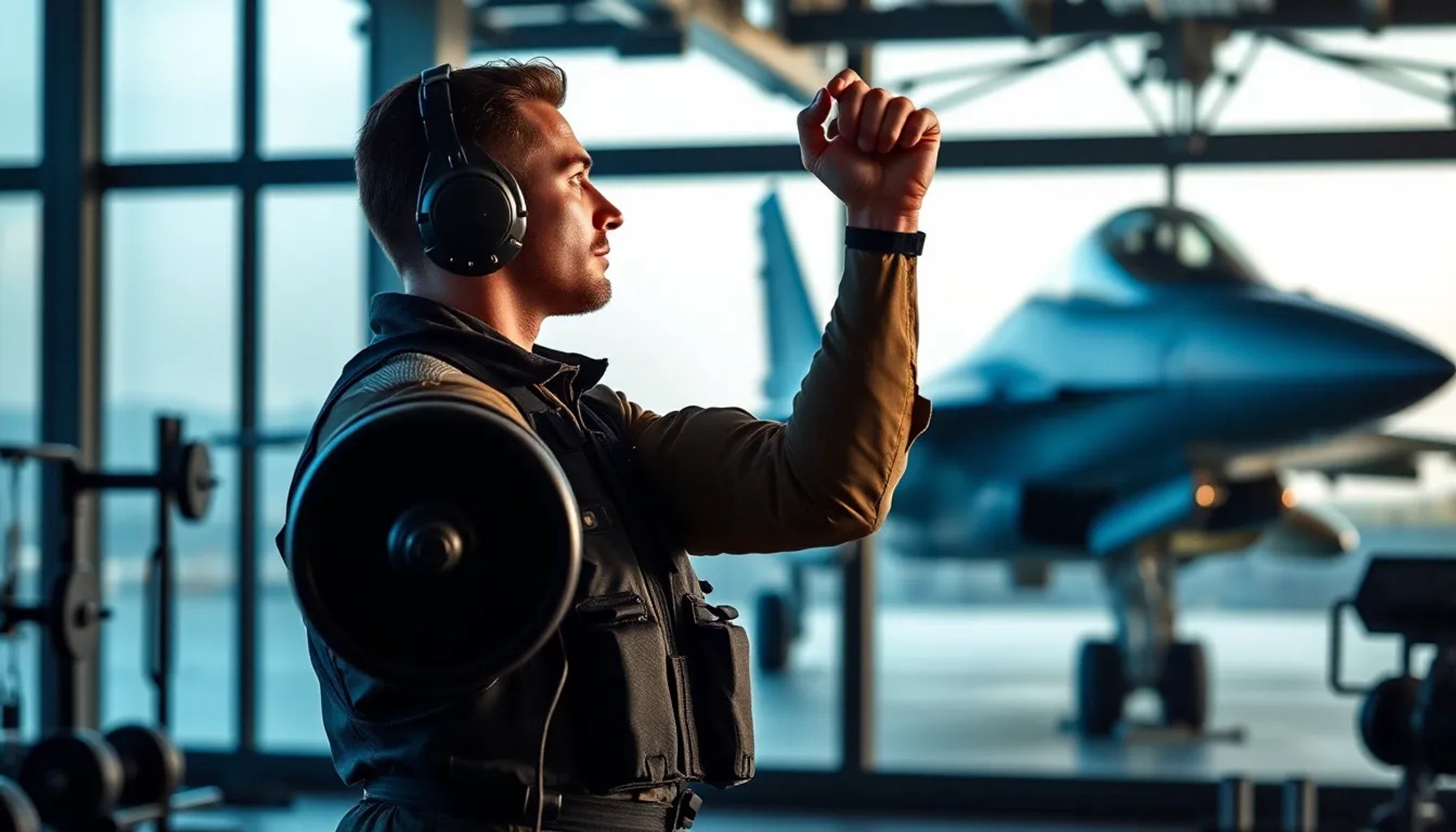 Juan Bengoechea, piloto de Eurofighter, entrenando con pesas en un gimnasio militar