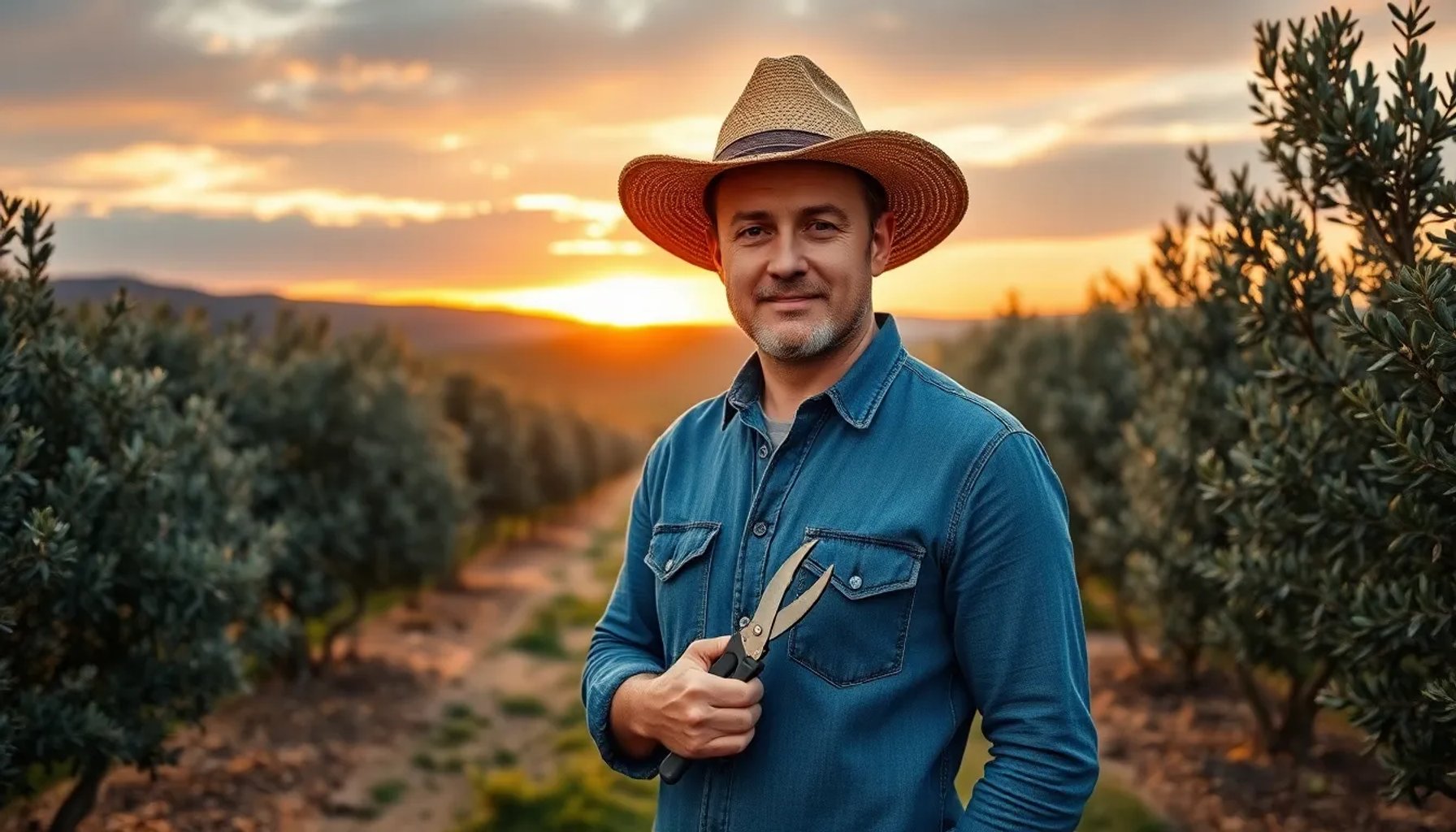 Juan, joven agricultor, en su finca al atardecer, con herramientas y cultivos de olivo