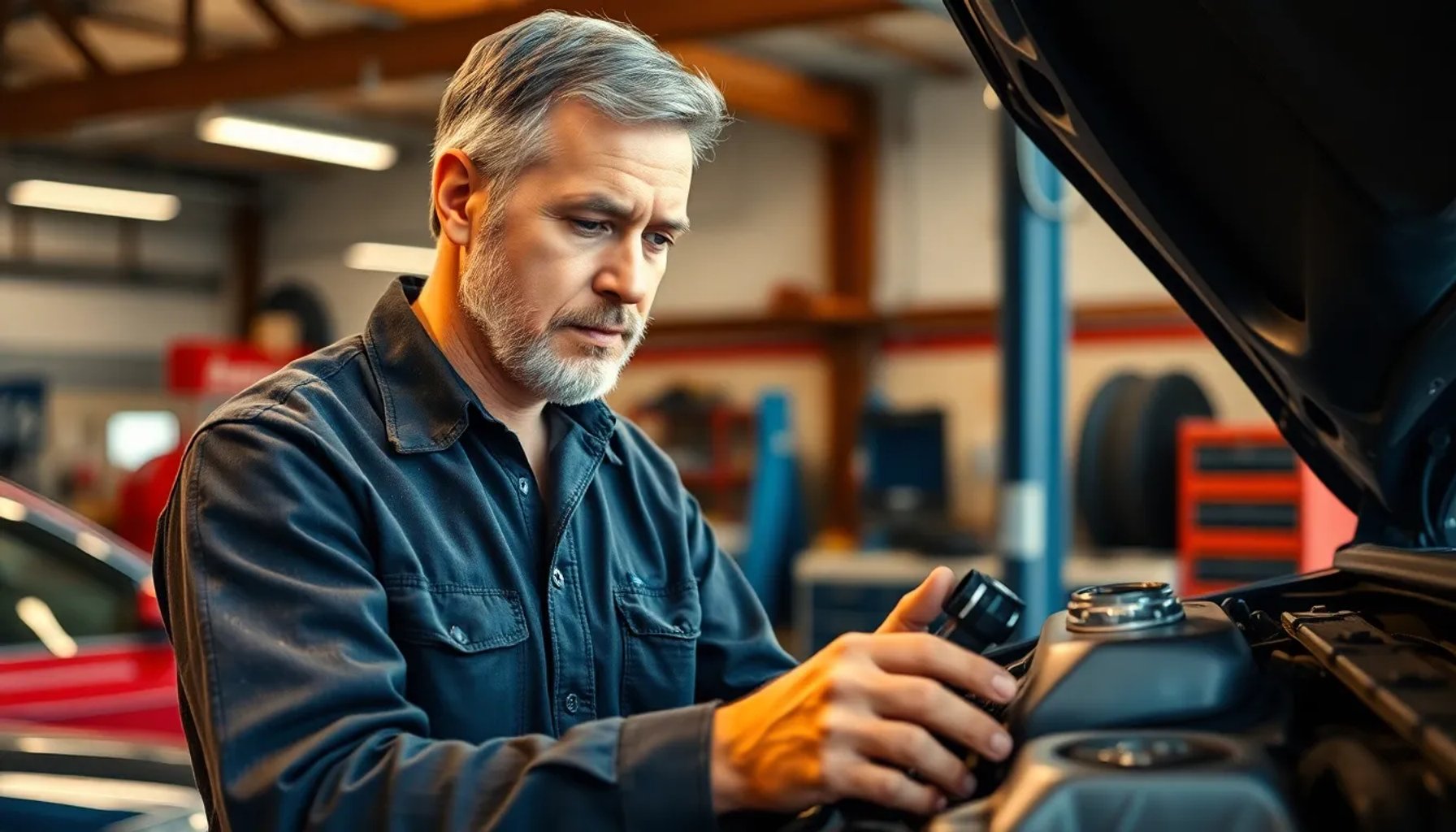 Mecánico revisando el nivel de aceite en el motor de un automóvil bajo la luz del taller