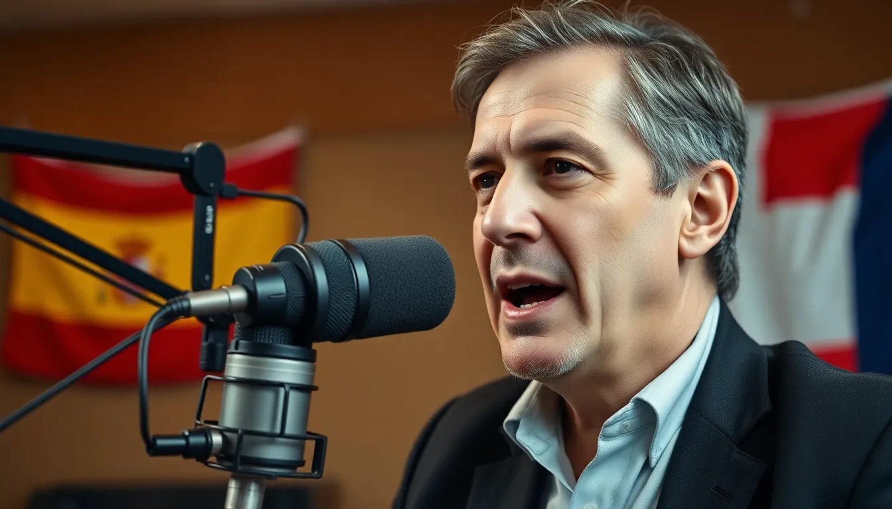 Juanma Castaño hablando en un estudio de radio con micrófono y fondo de banderas de España y Francia