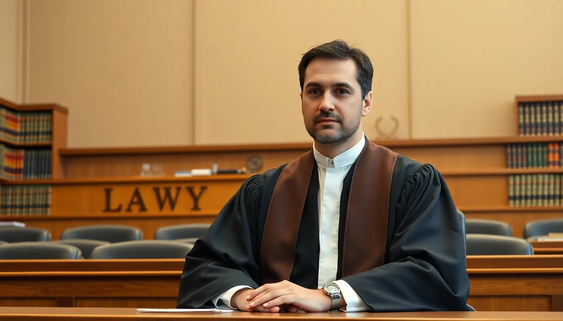 Retrato serio de un juez español en su tribunal, con fondo de estanterías de libros de derecho