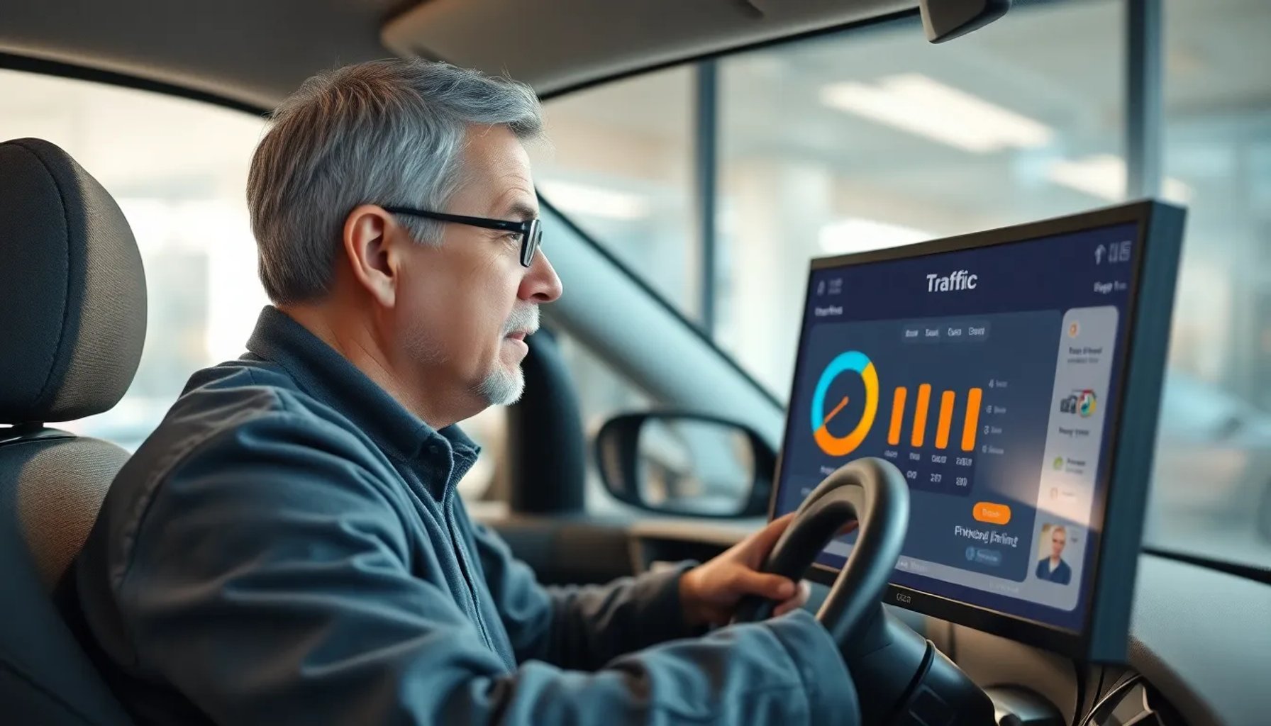 Conductor revisando su historial de puntos en una pantalla de ordenador dentro de una oficina de tráfico