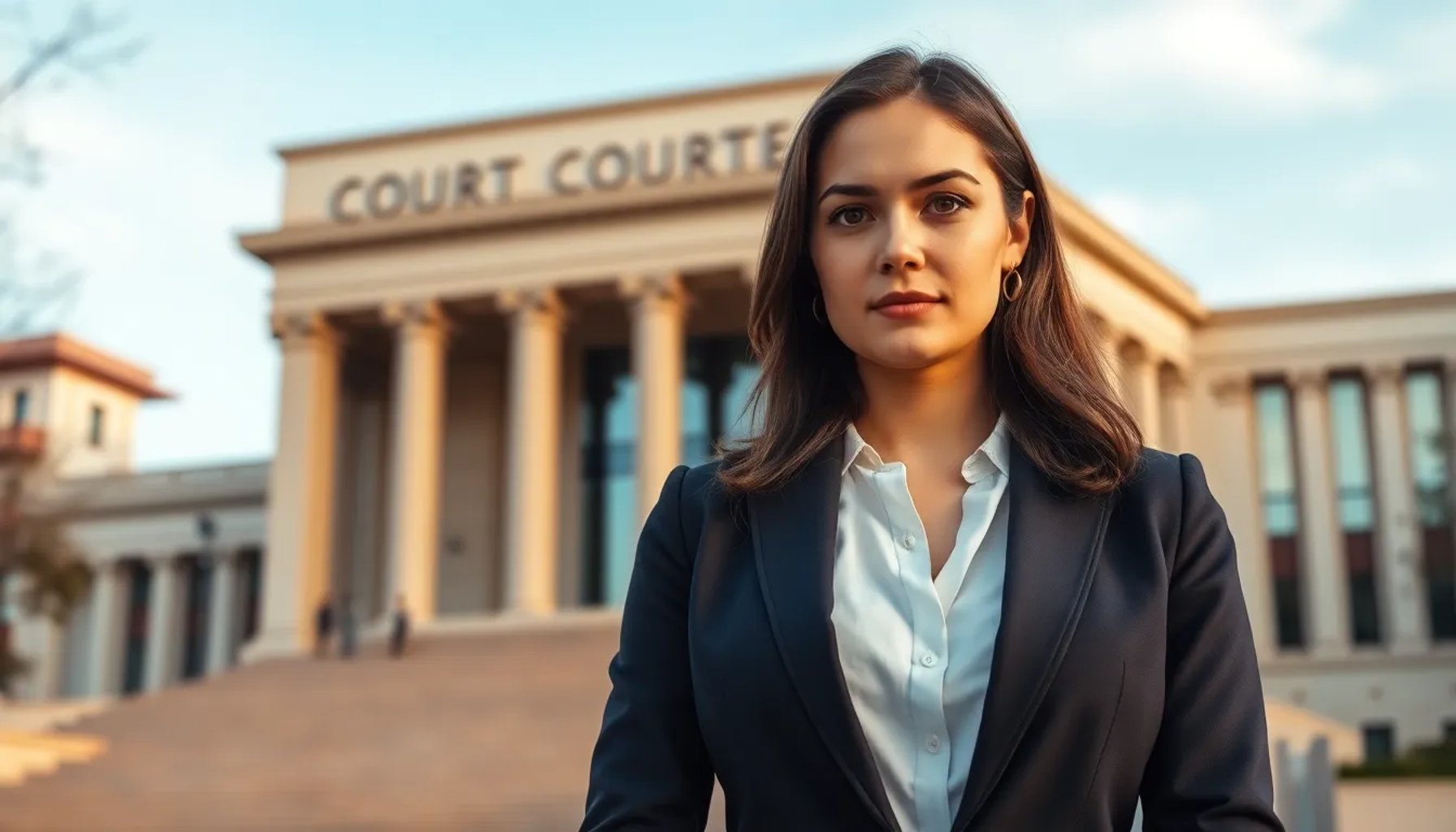 Fotografía de la periodista Elisa Mouliaá frente a la fachada del Tribunal Superior de Justicia de Madrid, bajo un cielo nublado.