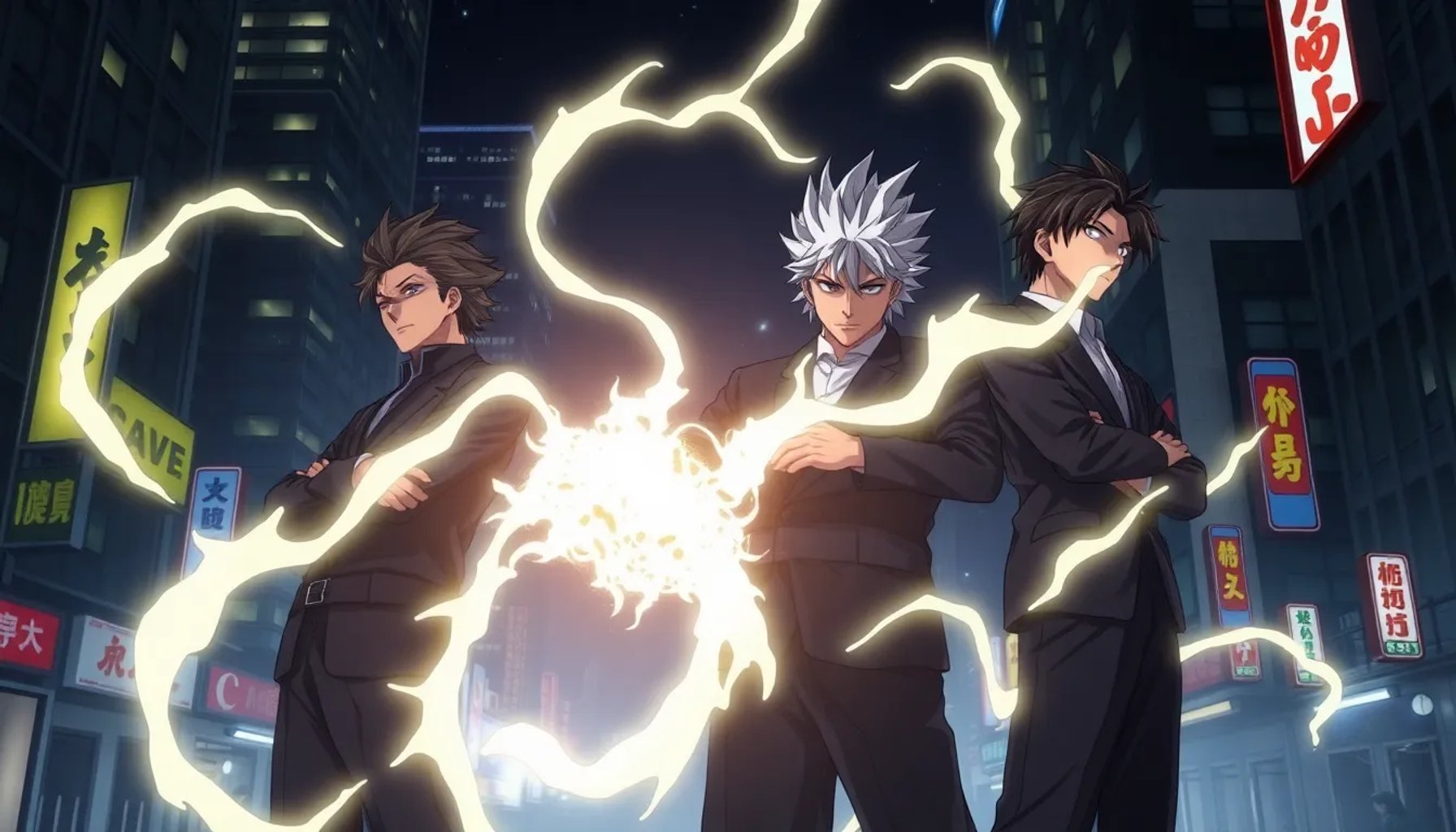 Ilustración fotorrealista de los protagonistas de Jujutsu Kaisen en una escena épica, con energía maldita visible
