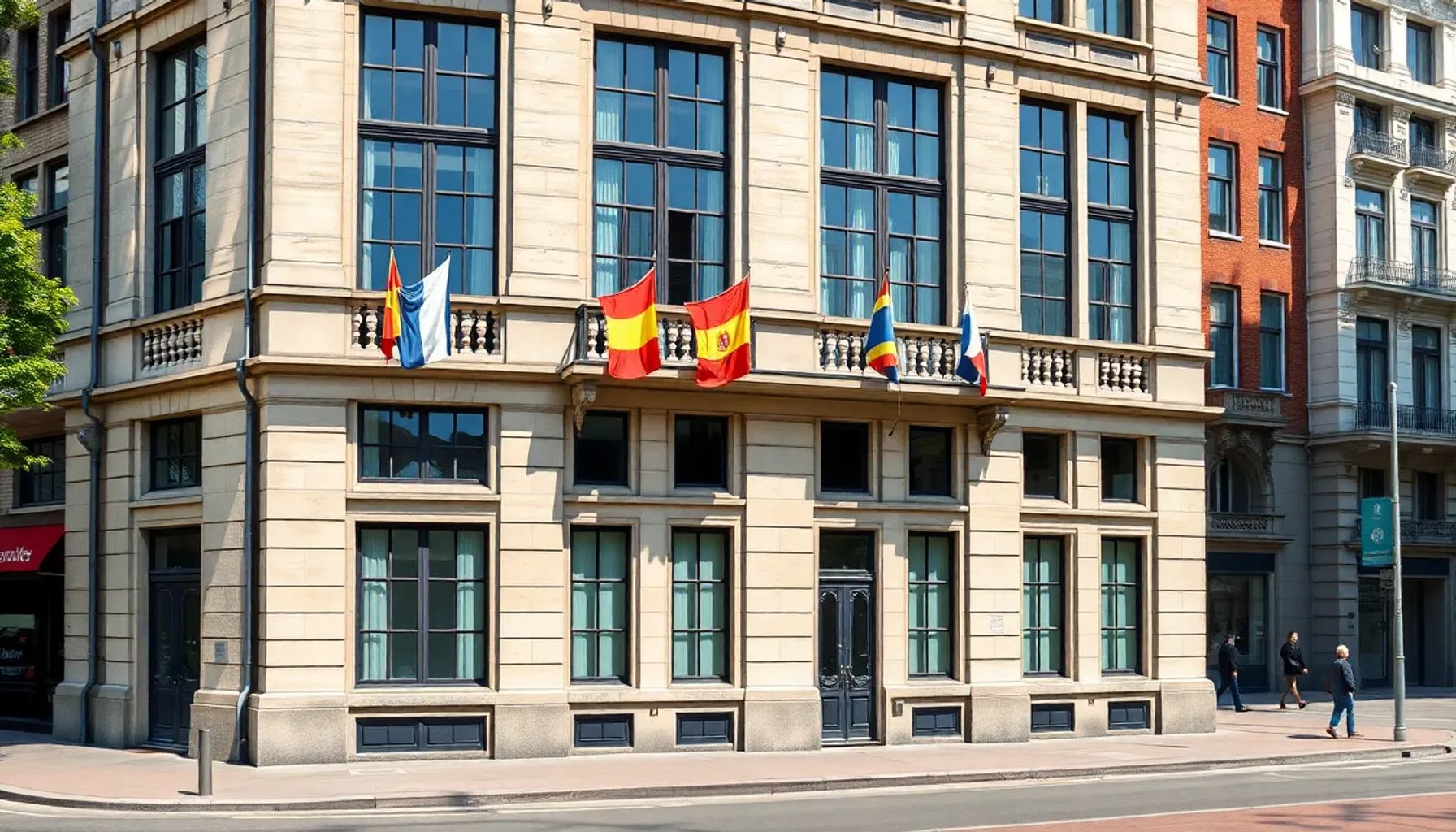 Fachada histórica del edificio del Instituto Cervantes en Ámsterdam, con banderas españolas y holandesas ondeando
