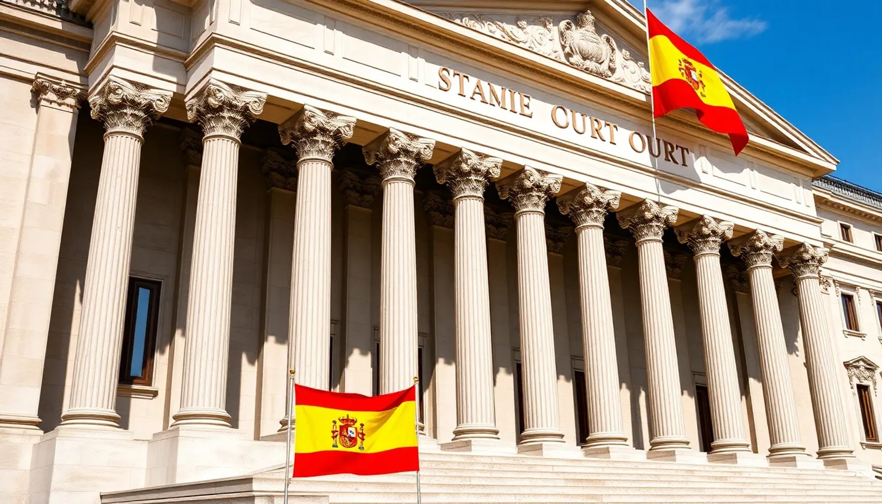 Fachada del Tribunal Supremo de España con banderas y símbolos de la justicia bajo un cielo claro
