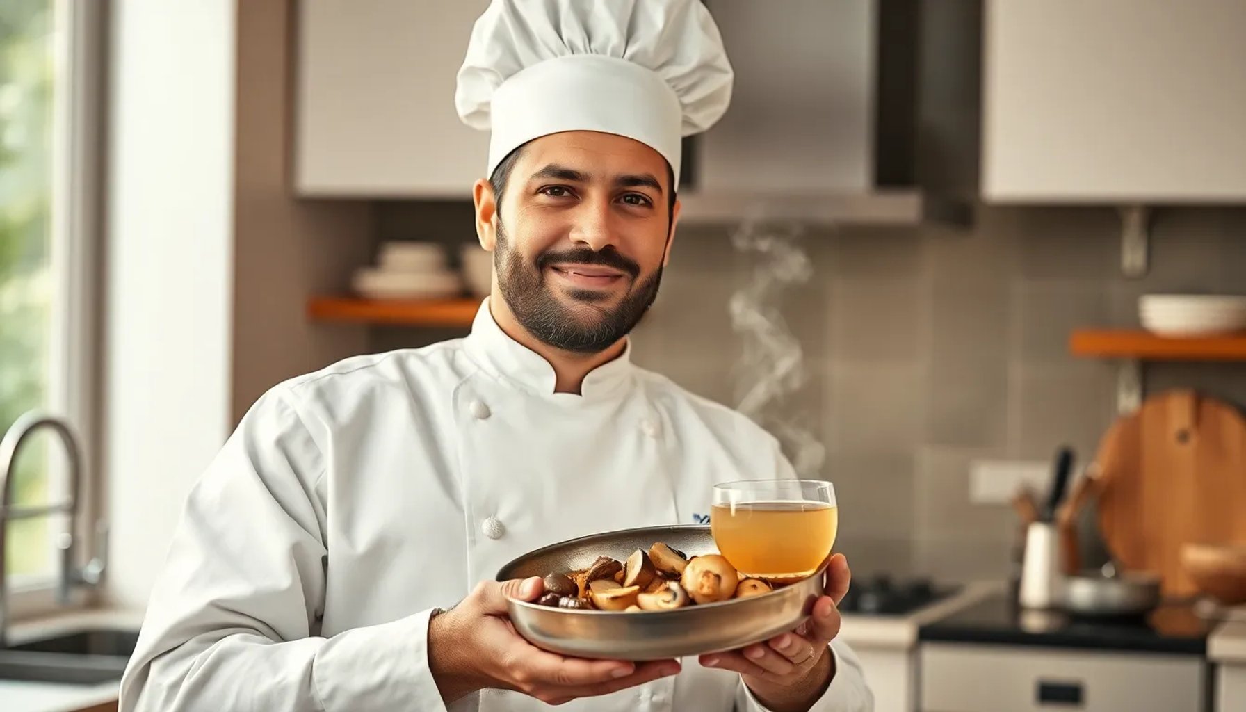 Chef Karlos Arguiñano preparando una salsa española con champiñones y caldo de ave en una cocina profesional