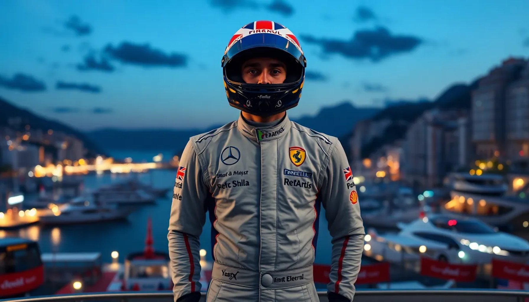 Kimi Antonelli celebrando en el podio del Gran Premio de Mónaco 2026 bajo luces nocturnas