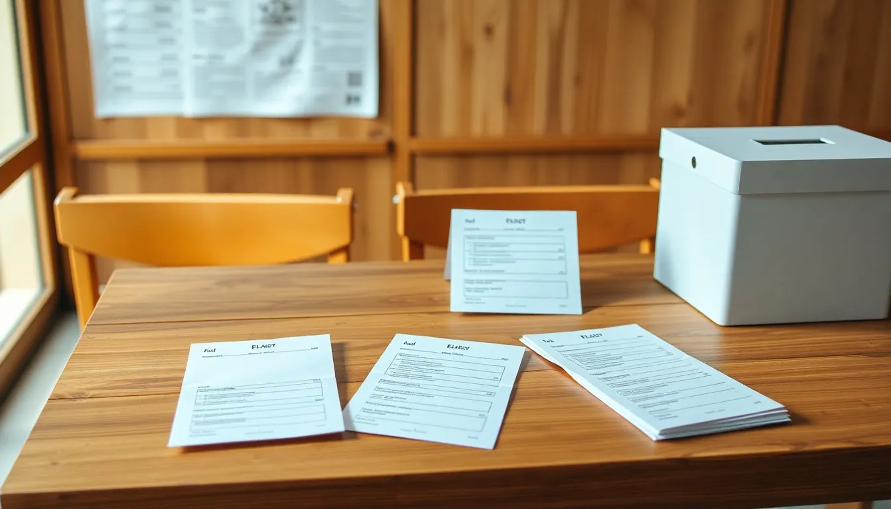 Mesa de votación con actas y sobres en un centro de sufragio peruano