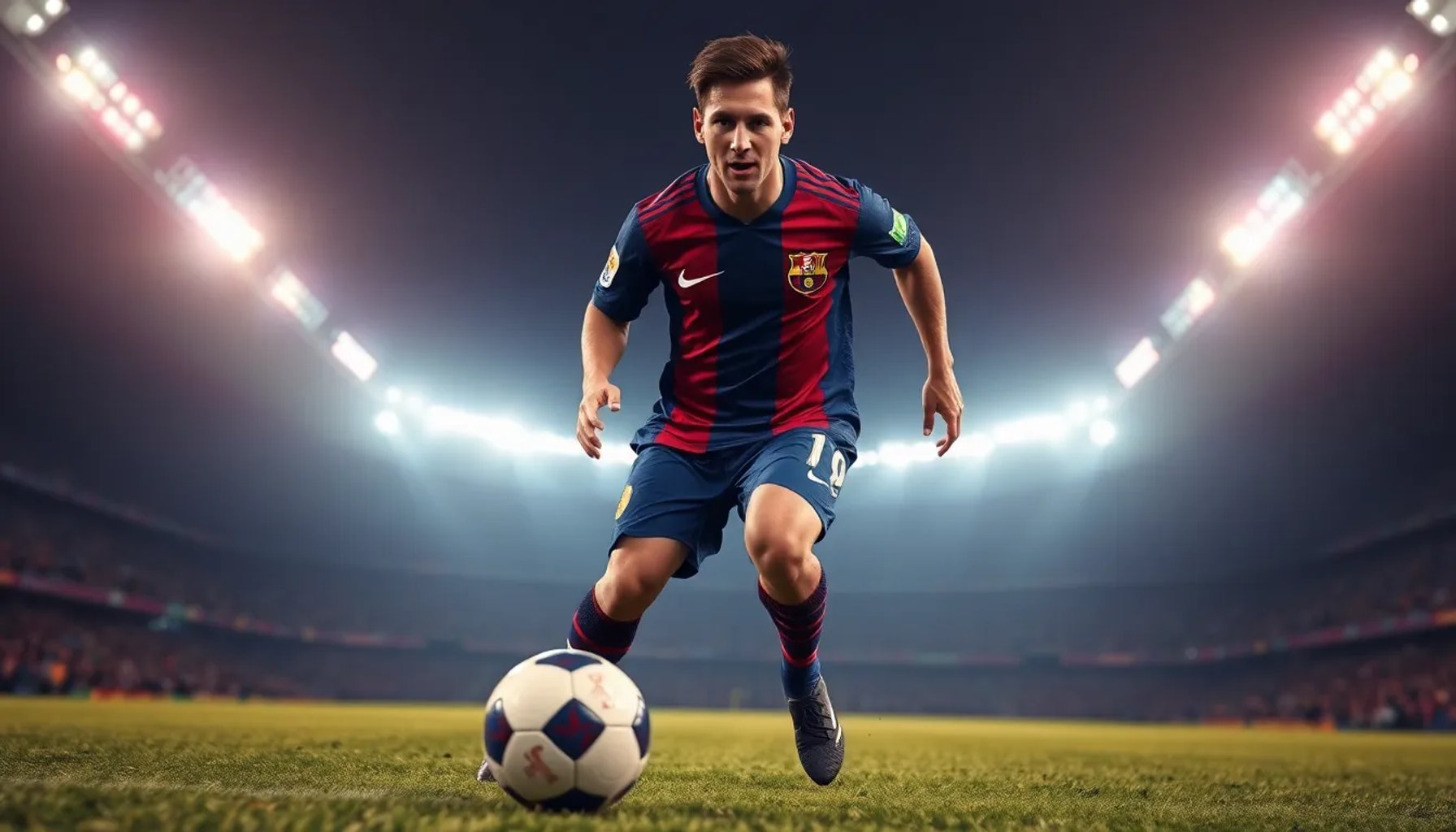 Lionel Messi regateando en un campo de fútbol, expresión concentrada y movimiento dinámico