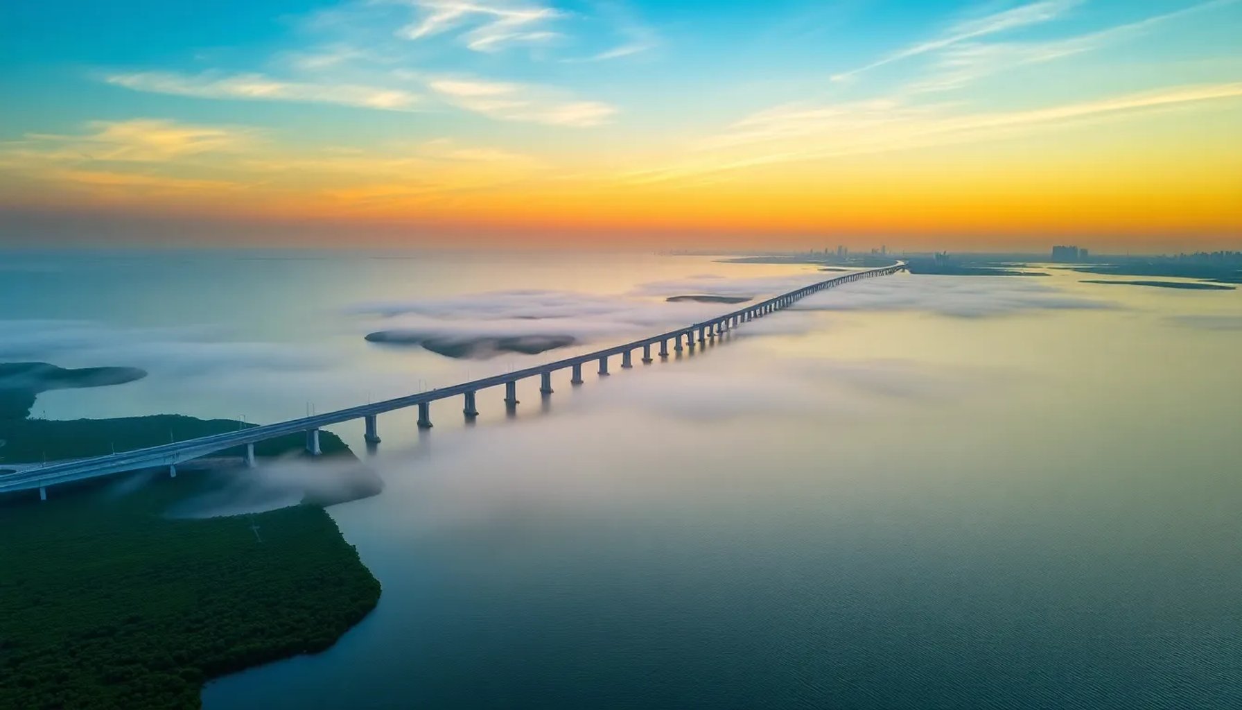Vista aérea del Lake Pontchartrain Causeway al atardecer, conectando las orillas de Luisiana cerca de Nueva Orleans