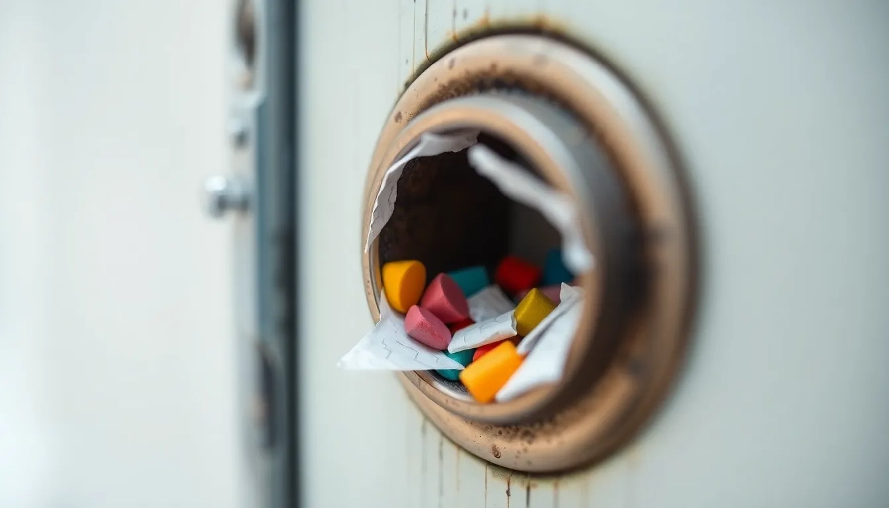 Cerradura de puerta doméstica con restos visibles de plastilina dentro del mecanismo