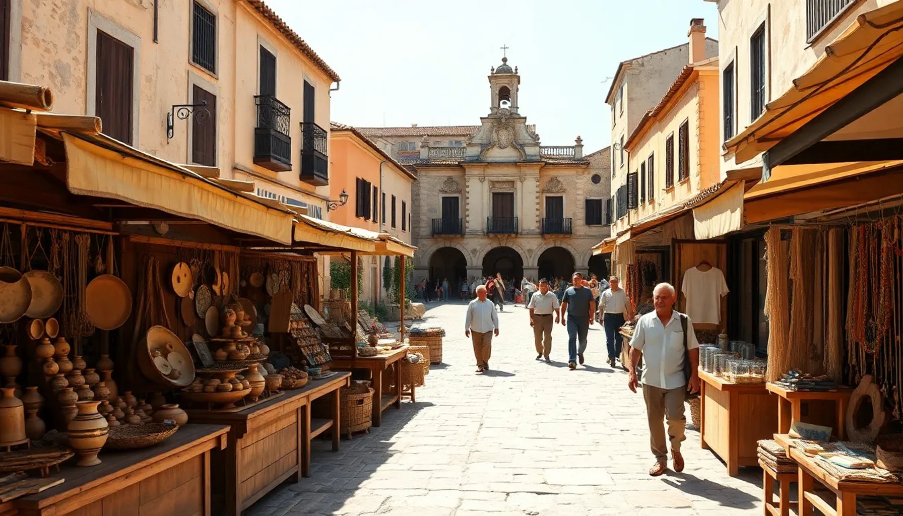 Puesto de cerámica artesanal con piezas esmaltadas y colores tierra en la feria de Villalón de Campos