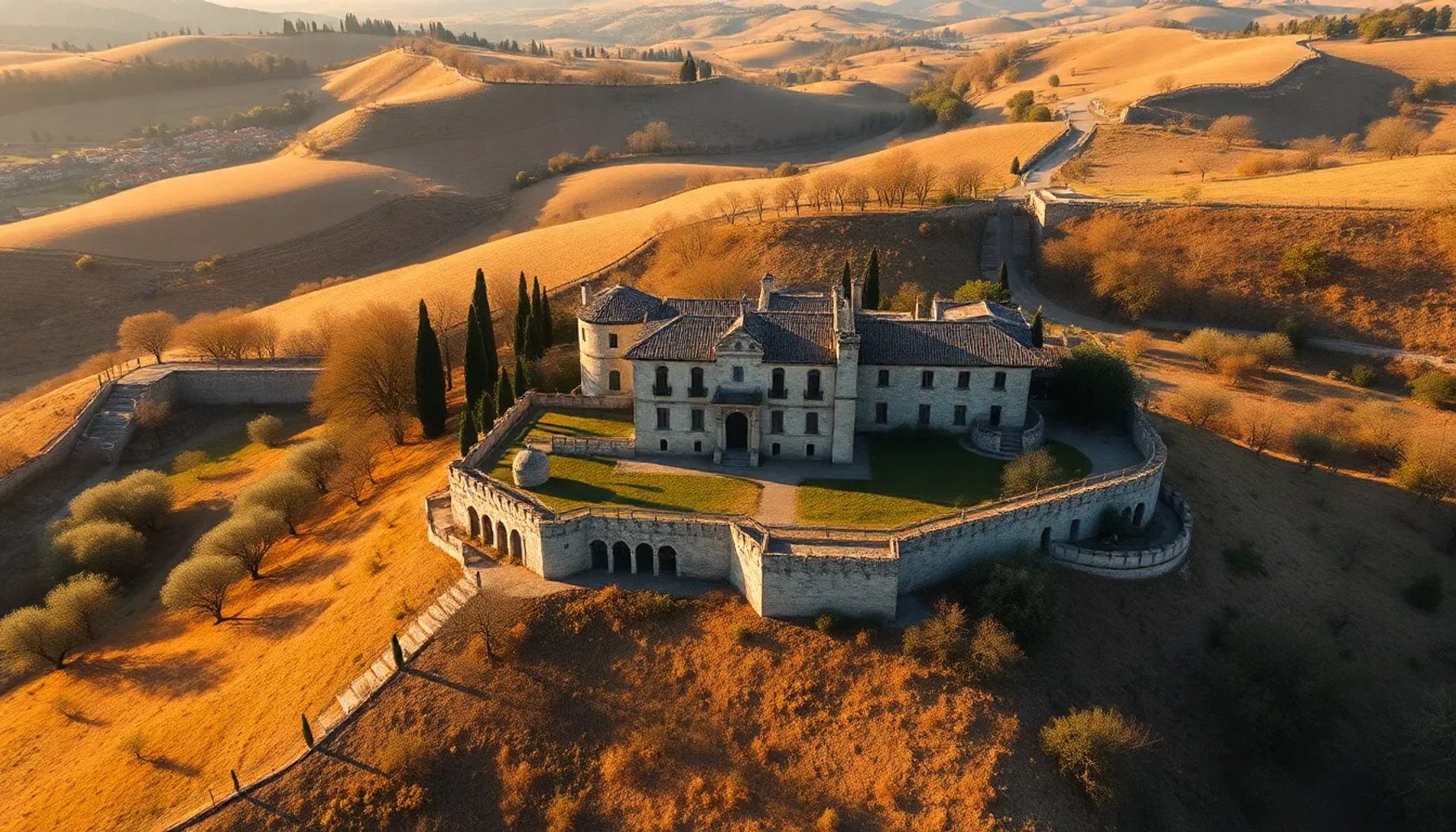 Imagen aérea de la finca histórica de la familia Falcó en el campo toledano, con olivares y arquitectura medieval