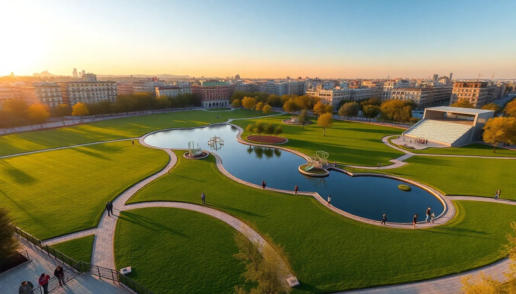 Vista panorámica de la Finca de Vista Alegre con áreas verdes ampliadas, lago artificial y zona de juegos al atardecer