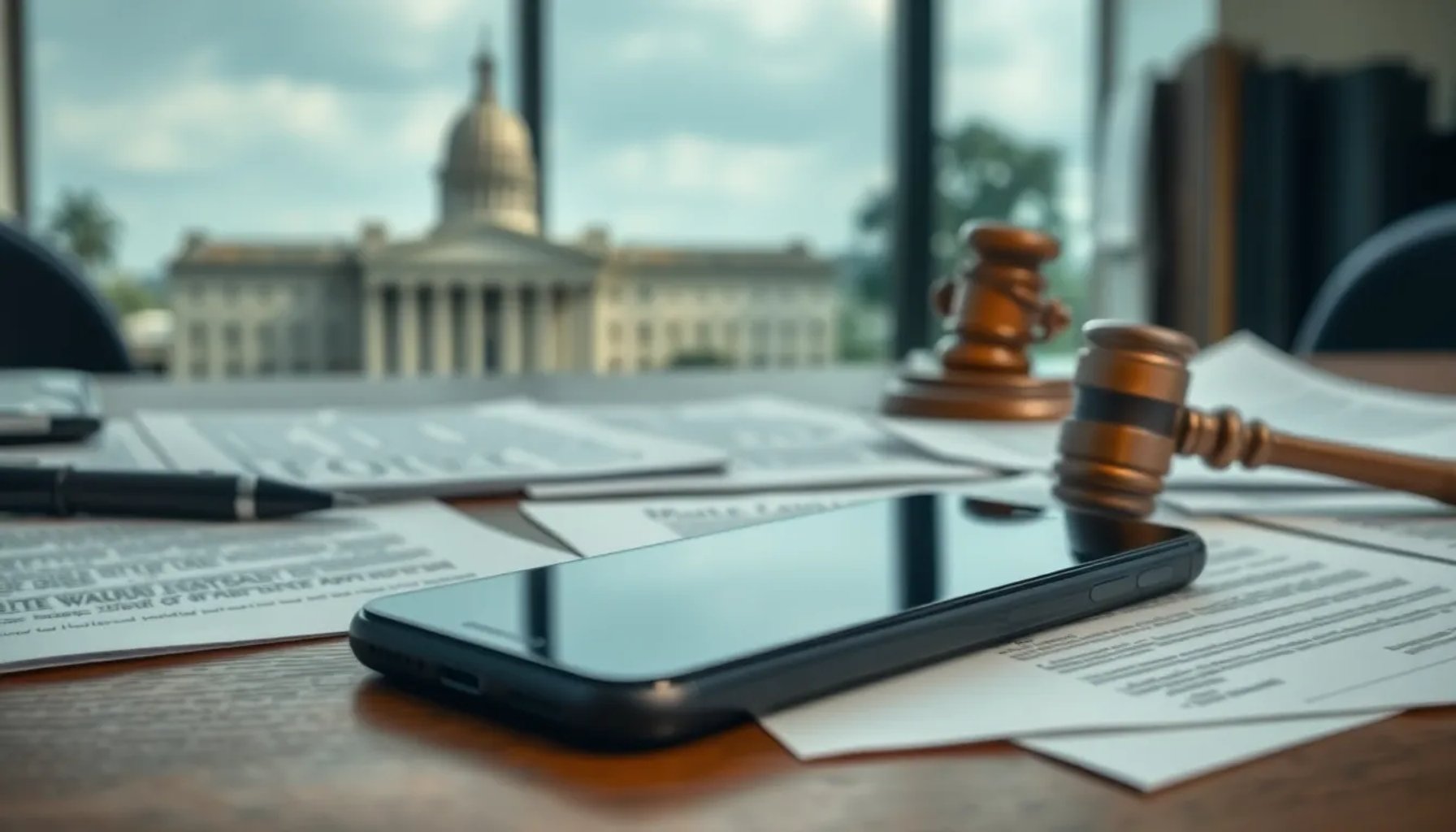 Imagen que muestra un móvil sobre una mesa con documentos legales y una silueta difusa de un edificio gubernamental al fondo